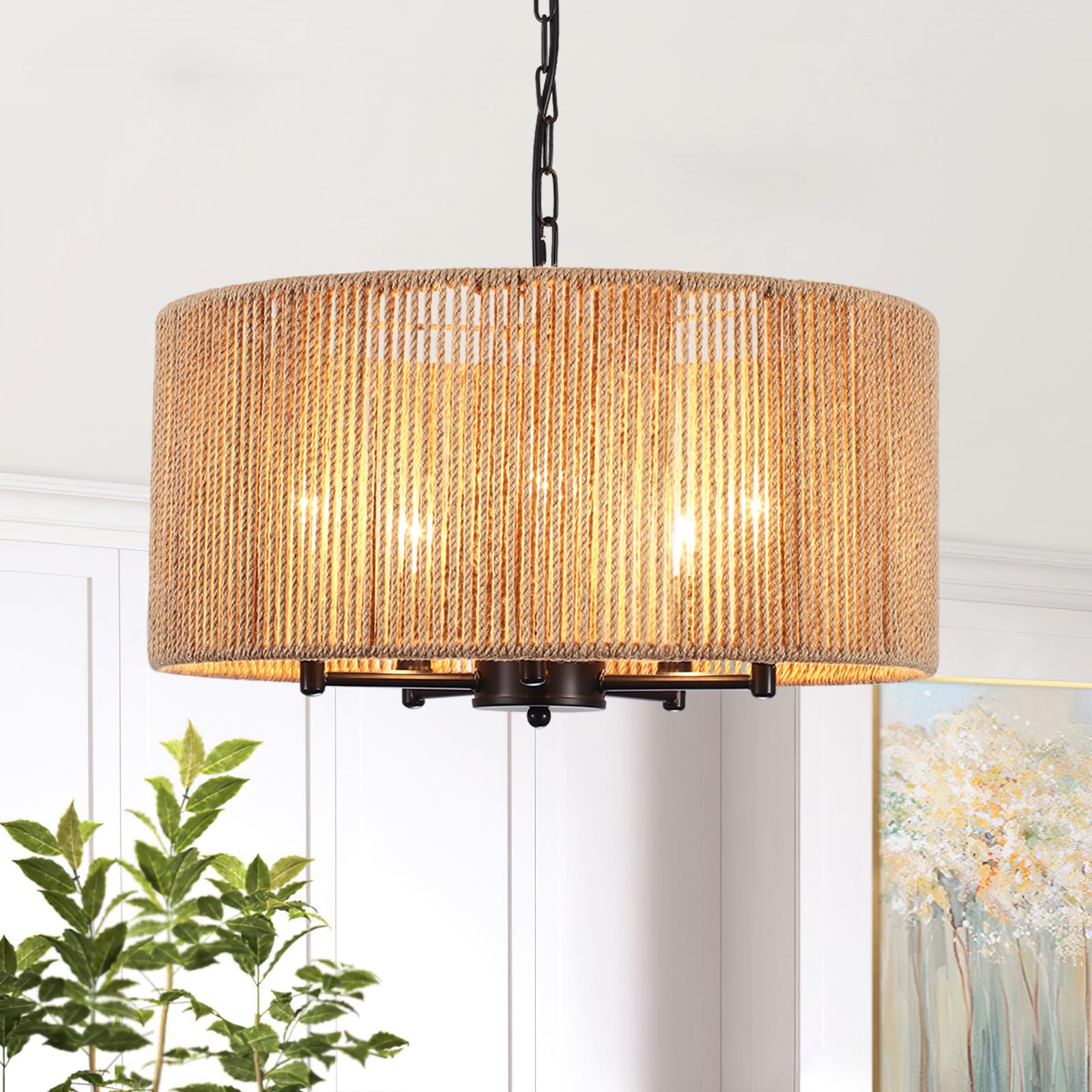 5 Lights Boho Chandelier for Dining Room?19" Hand-Woven Pendant Light Fixture Hanging Rattan Chandelier for Living Room Kitchen Entryway Hallway Foyer, Height Adjustment