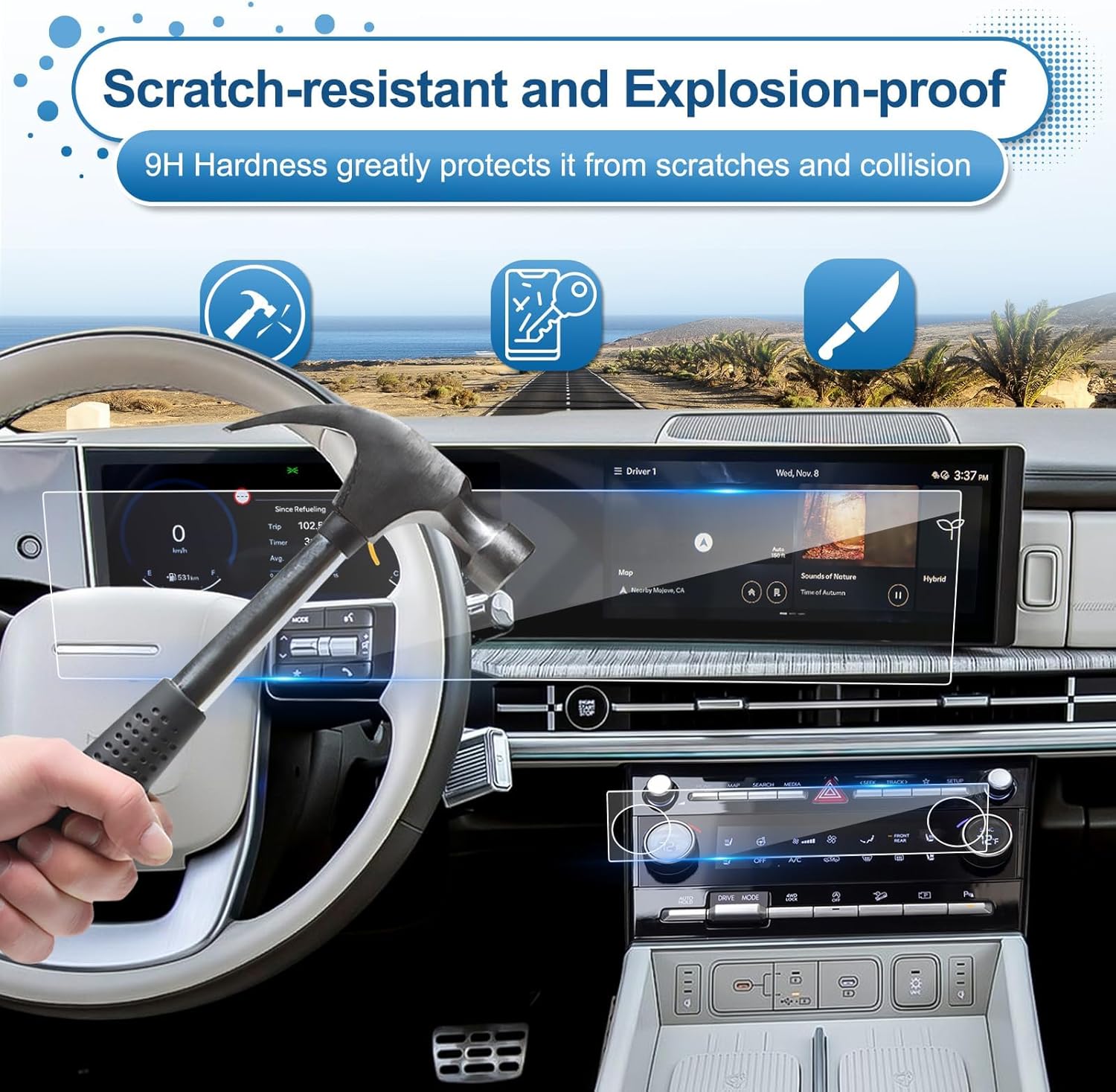 2024 2025 2026 Santa Fe Screen Protector for Hyundai Santa Fe (Dual 12.3Inch+AC Display) (SEL/XRT/Limited/Calligraphy), 9H Tempered Glass 2026 2025 SantaFe Hybrid Accessories HD Transparent