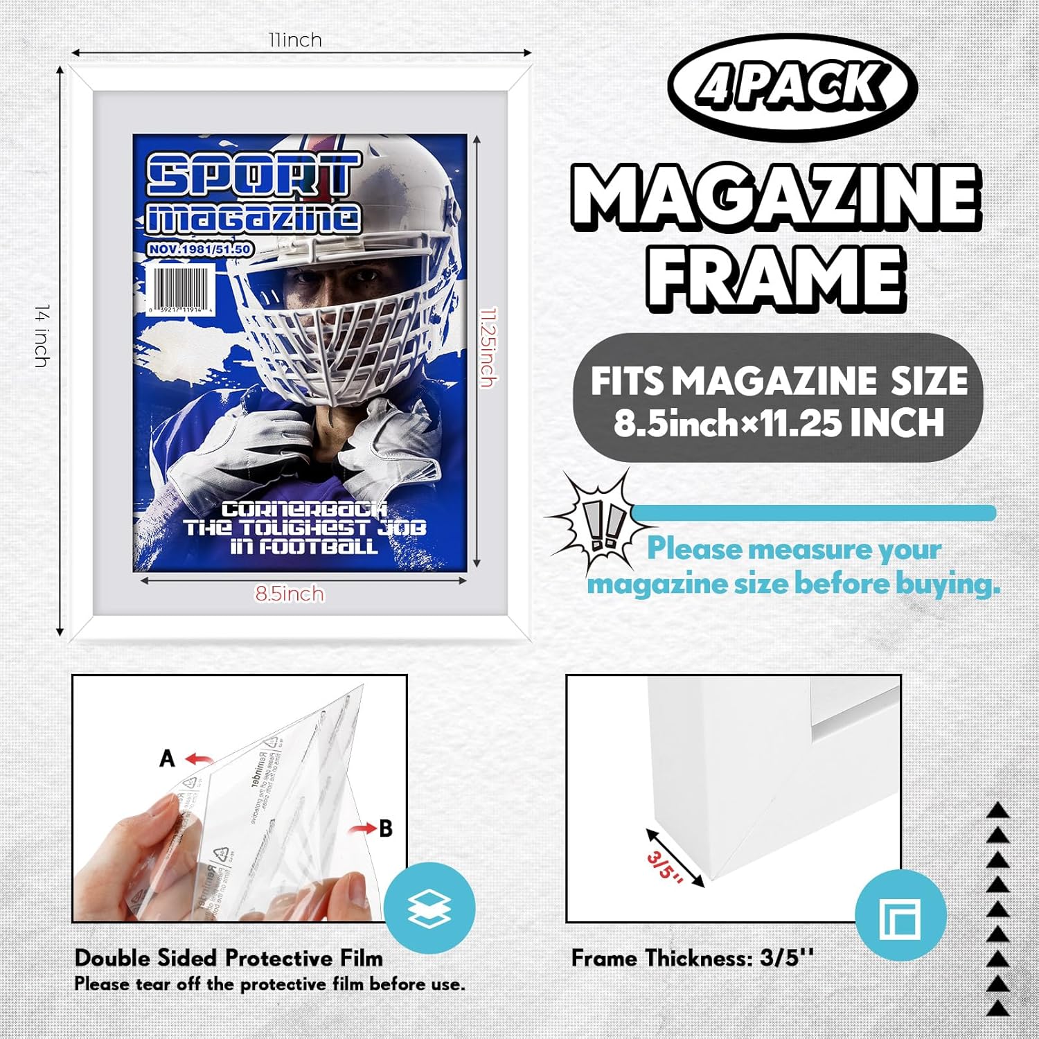 Geetery 4 Pcs Sports Magazine Frame for Wall Fits Measuring 8.5 x 11.25" Magazine Display Frame with Installed Hangers and Core Matting Plastic Comic Book Frames for Wall Hanging(White , White Mat)