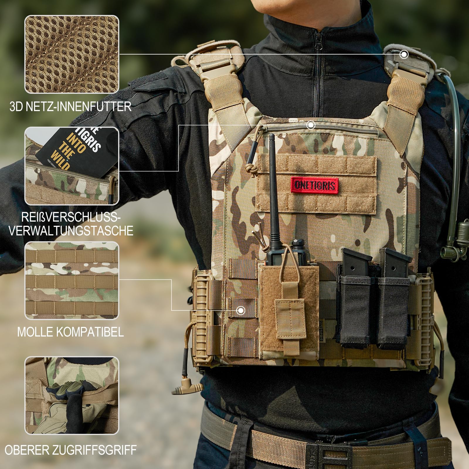 OneTigris FYR Plattenträger, Taktische Plate Carrier Schnellverschluss-System Airsoft Weste, Verstellbarer MOLLE Platten Träger Brustschützer für Paintball Polizei Softair