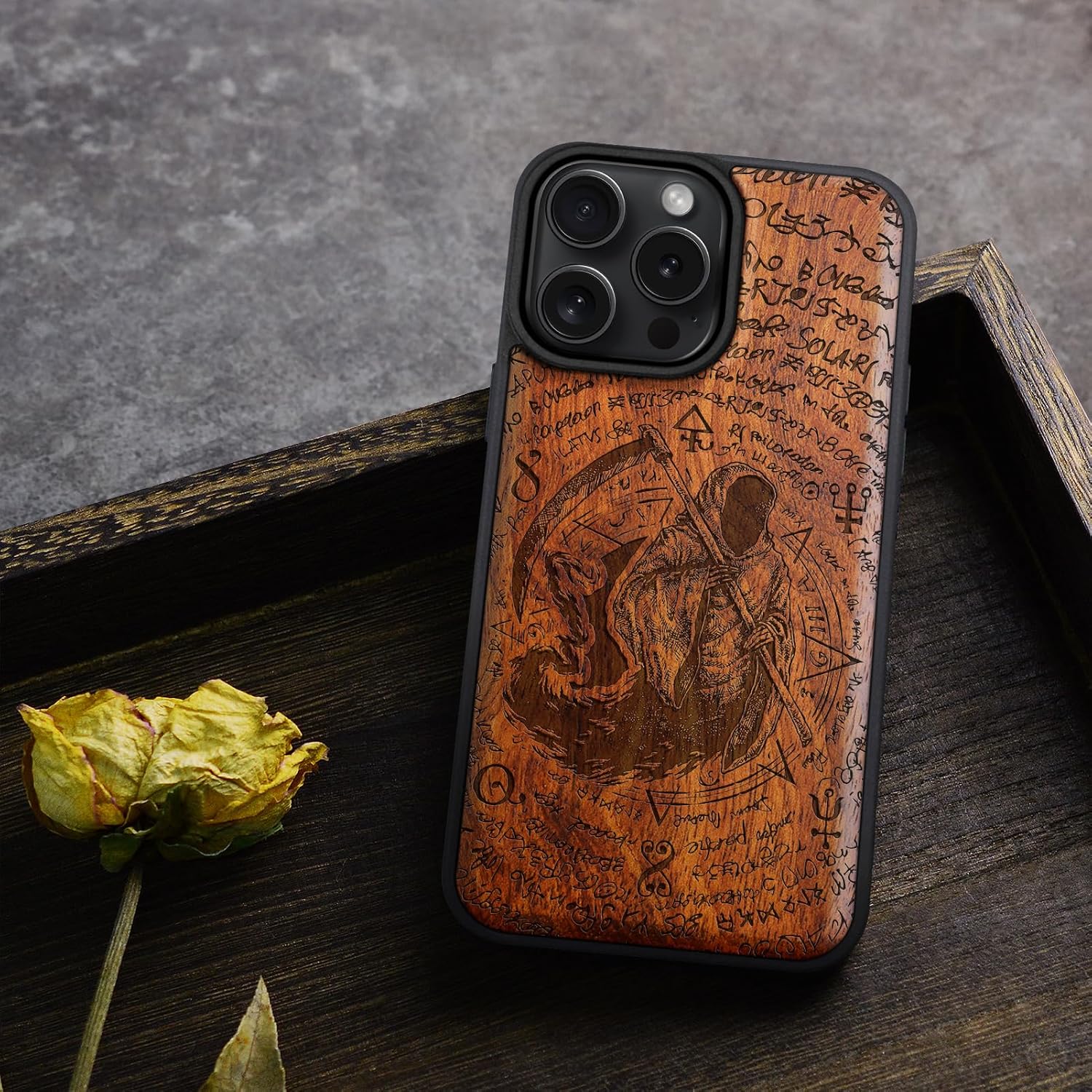 Carveit Magnetic Wooden Case for iPhone 16 Pro Case, Wood Artisan Engraved & Black Soft TPU Shockproof Cover, Compatible with MagSafe Wireless Chargers (The Grim Reaper of Carved) Rosy