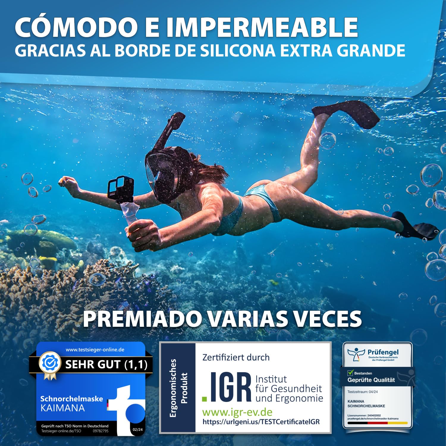 La galardonada máscara de Buceo KAIMANA® para Adultos y niños —Totalmente Apta para CO₂— Incluye un Estuche de Transporte — para Adultos— máscara de Buceo Integral