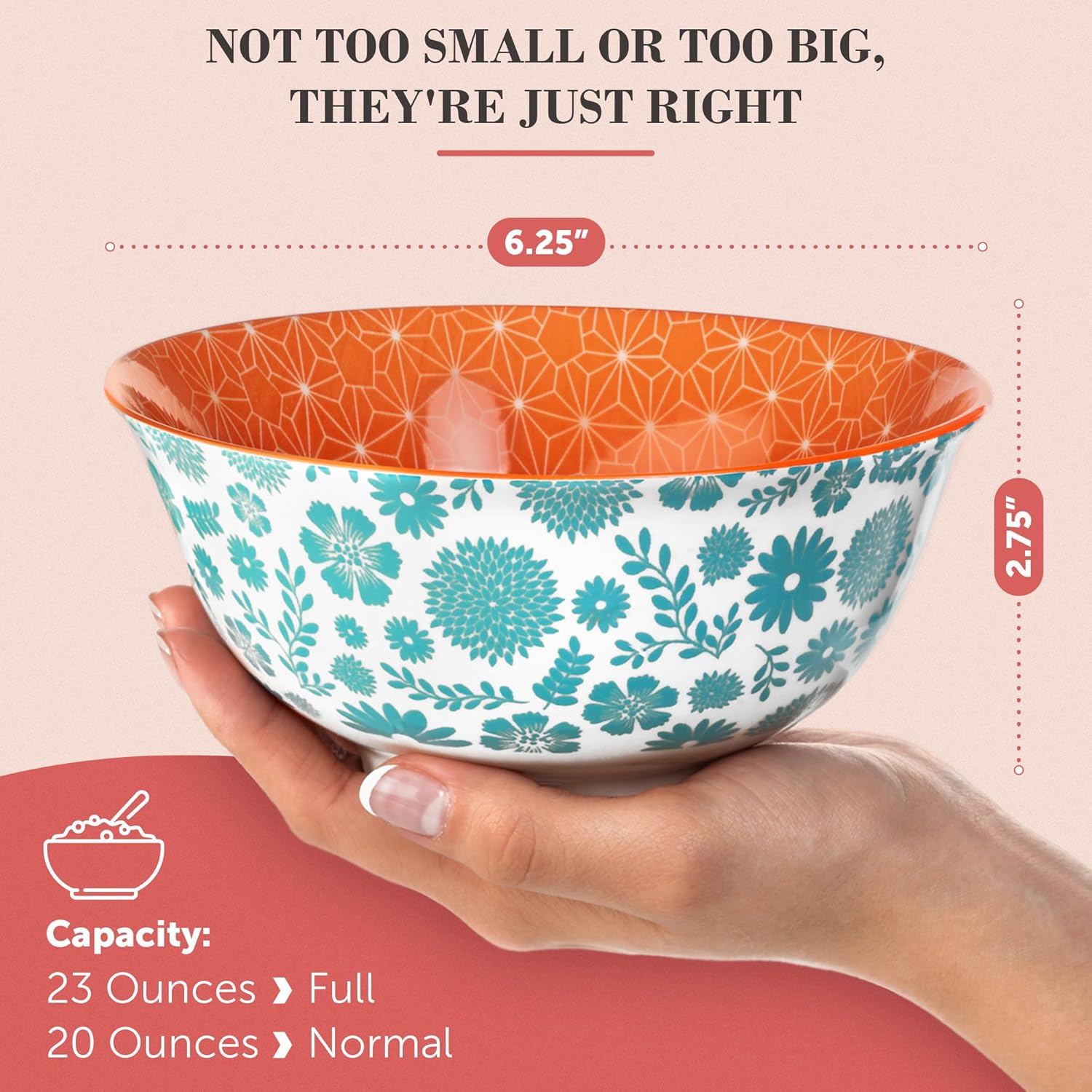 Annovero Cereal Bowl - Dishes for Serving Soup, Salad, Breakfast - Decorative Colorful Porcelain Bowls for Kitchen - Microwave, Dishwasher, Oven Safe - Zero Lead & Cadmium - 23 Oz - Set of 6 - Image 6