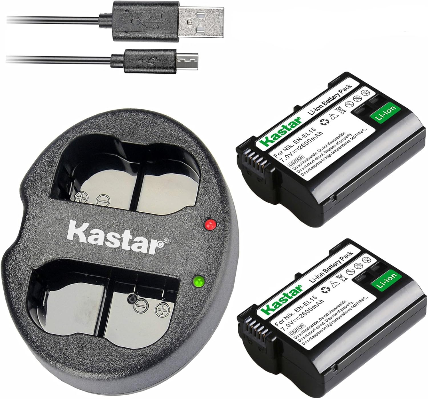 Kastar Battery (X2) & Dual Rapid Charger for Nik EN-EL15, ENEL15 and Nik 1 V1, D500, D600, D610, D750, D800, D7000, D7100, D800, D800E DSLR Camera, Grip MB-D11, MB-D12, MB-D14, MB-D15, MB-D16