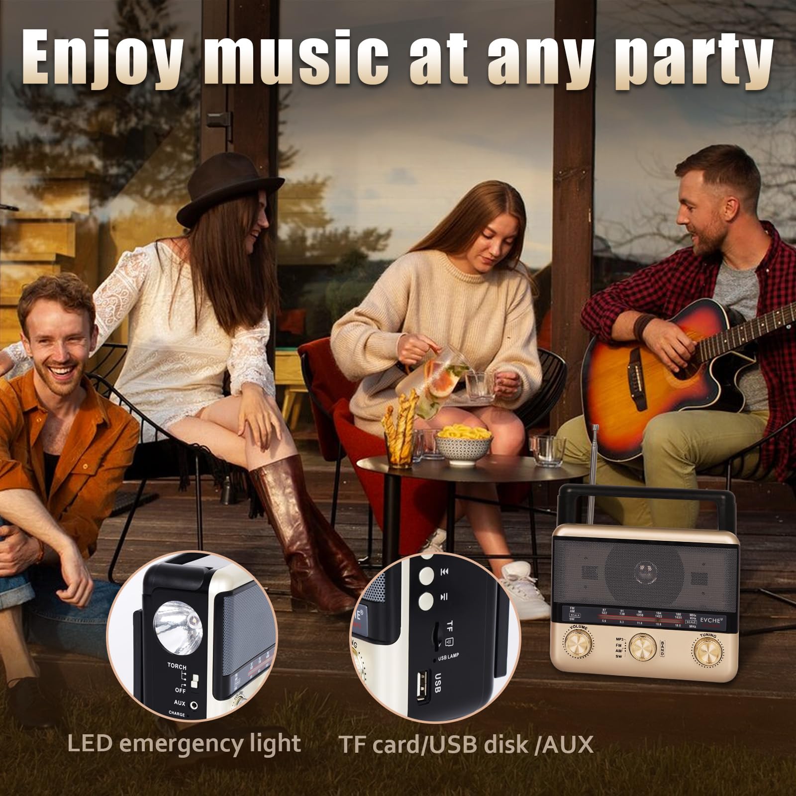Radio portátil retro AM FM SW radio de onda corta con altavoz Bluetooth, CA, solar, carga SUB, tarjeta TF, linterna de reproducción USB