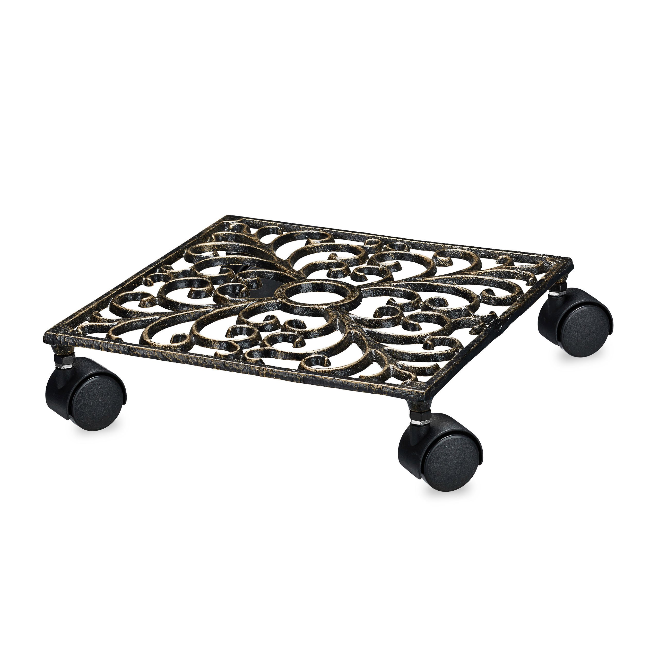Relaxdays Carrello Portavasi Quadrato, 27,5 x 27,5 cm, Sottovaso in Metallo, 4 Ruote, Design Antico, Resistente, Bronzo
