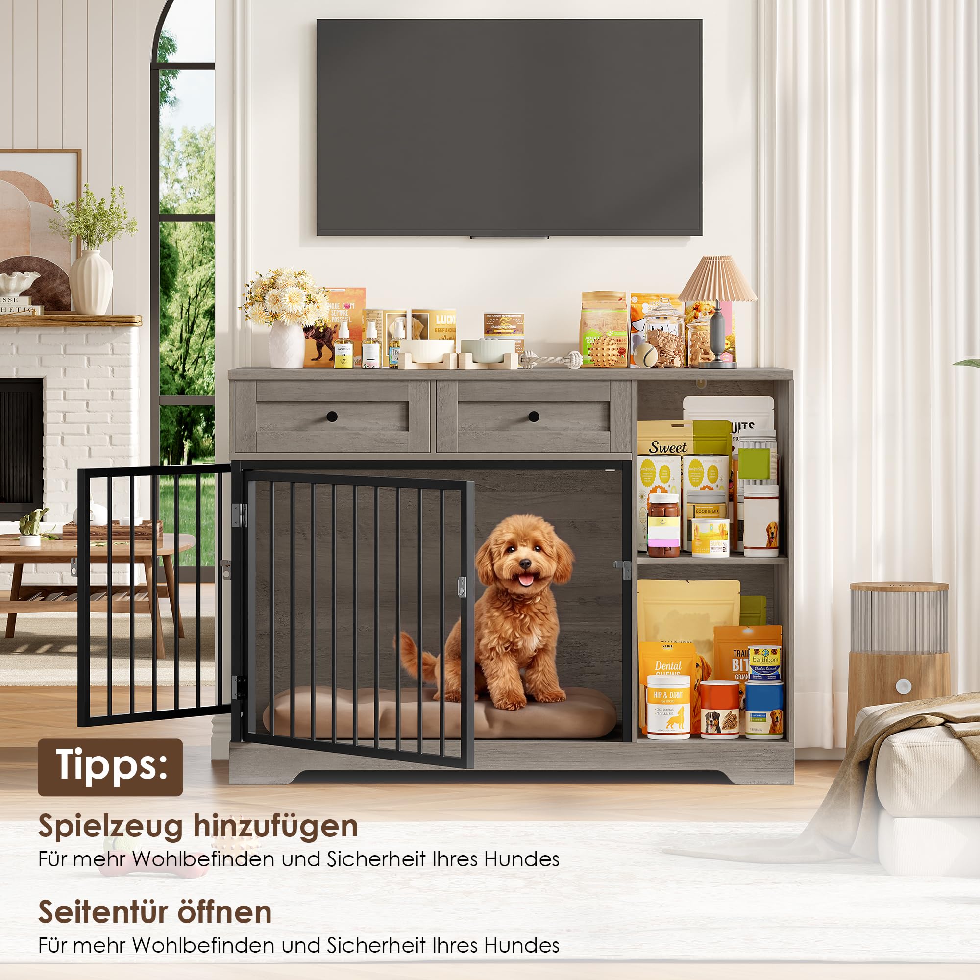 FirFurd Hundebox für kleine Hunde Hundekäfig Möbel mit Schubladen & 2 Türen | Hundebox für Zuhause, Hundekäfig aus Metall und Holz, Hundehütte Indoor, Hundehaus, Tierhaus, 120x87x60cm, Braun & Schwarz