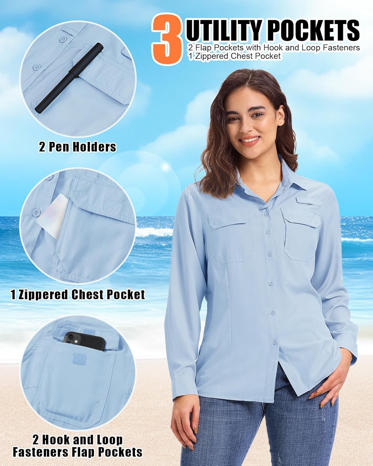 33,000ft Women's UPF 50+ UV Long Sleeve Sun Protection Safari Shirts Quick Dry Outdoor Fishing Hiking Travel Shirt - Image 3