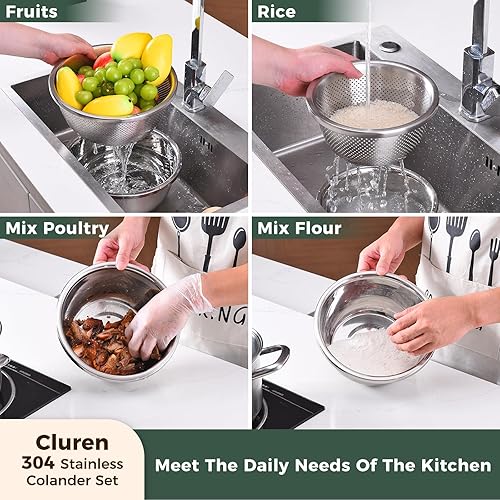 Miniatura 7 de Juego de colador y cuenco de 3.1 cuartos (2 en 1)  Cuenco grueso de cocina de acero inoxidable 304 para frutas, pasta, verduras, arroz, resistente,
