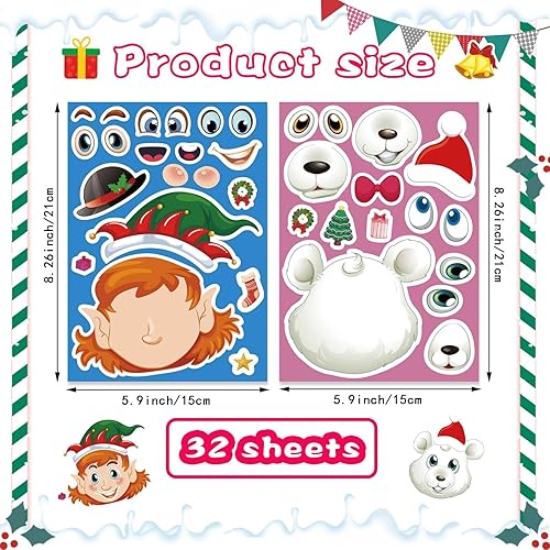Miniatura 2 de Make-a-face - Adhesivo de Navidad para niños, 32 hojas para mezclar y combinar con Papá Noel, reno, pingüino, oso polar y elfo, manualidades de