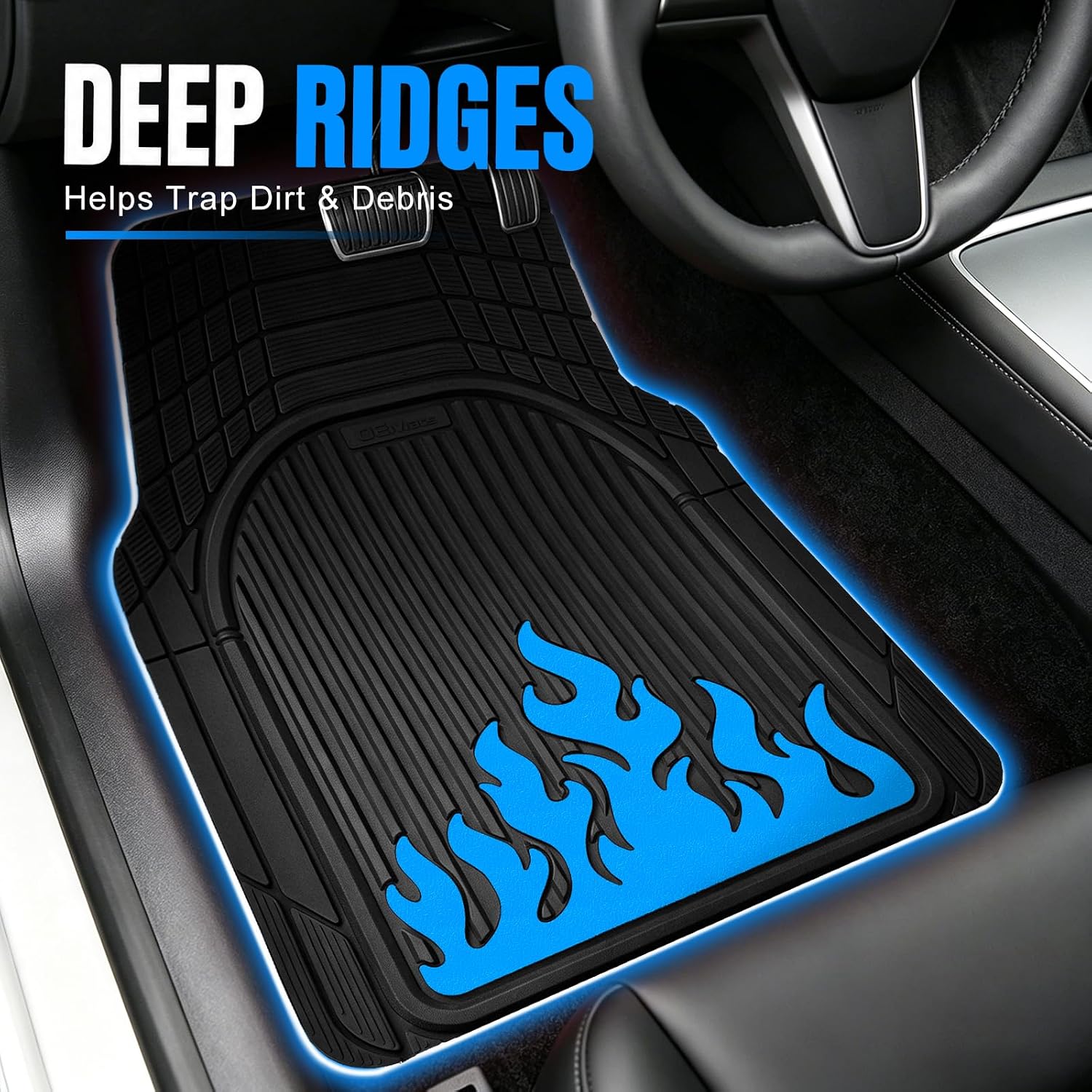 Heavy Duty Rubber Car Mats Flame Design (Electric Blue), 4-Piece Deep Waterproof Floor Mats Set (Front & Rear Full Set), All Weather Universal Trim to Fit Automotive SUV Sedan Truck