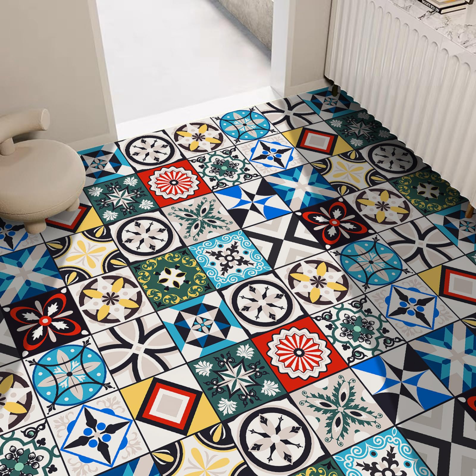 Peel and Stick Wall Tiles Blue Yellow Geometry Tiles Self Adhesive PVC Home Decor Backsplash Kitchen Tile Stickers Waterproof Tile Stickers for Bathroom 20x20cm /20 Pcs