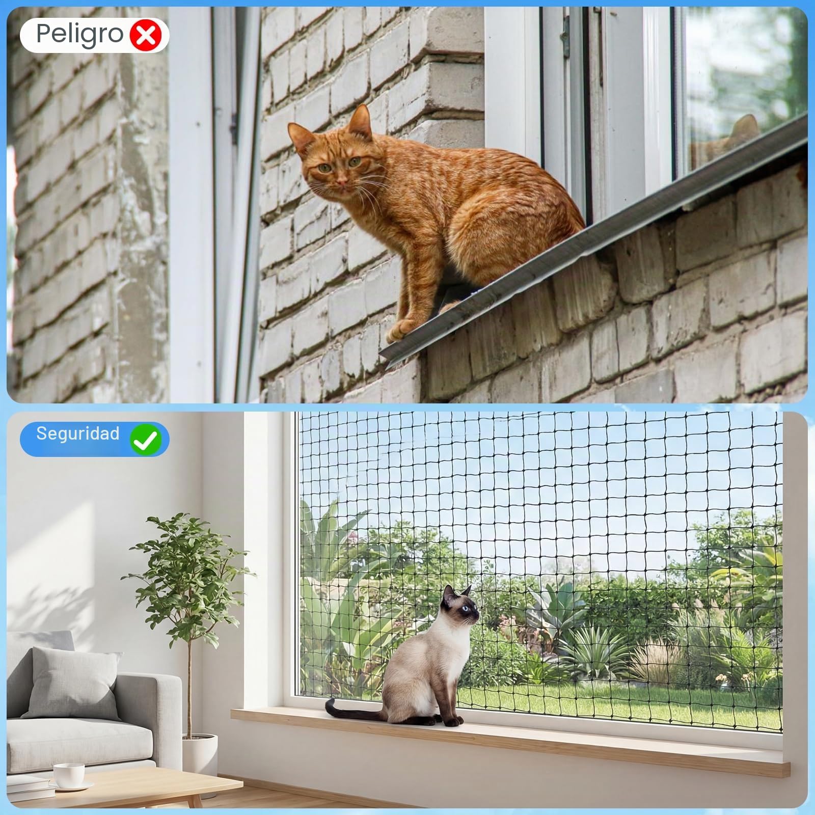 Red para Gatos de Balcón 3x2 m, Red de Seguridad para Gatos Reforzada con Alambre sin Taladrar, Red Protectora Negra para Balcón y Ventana, Resistente a Mordidas y Desgarros
