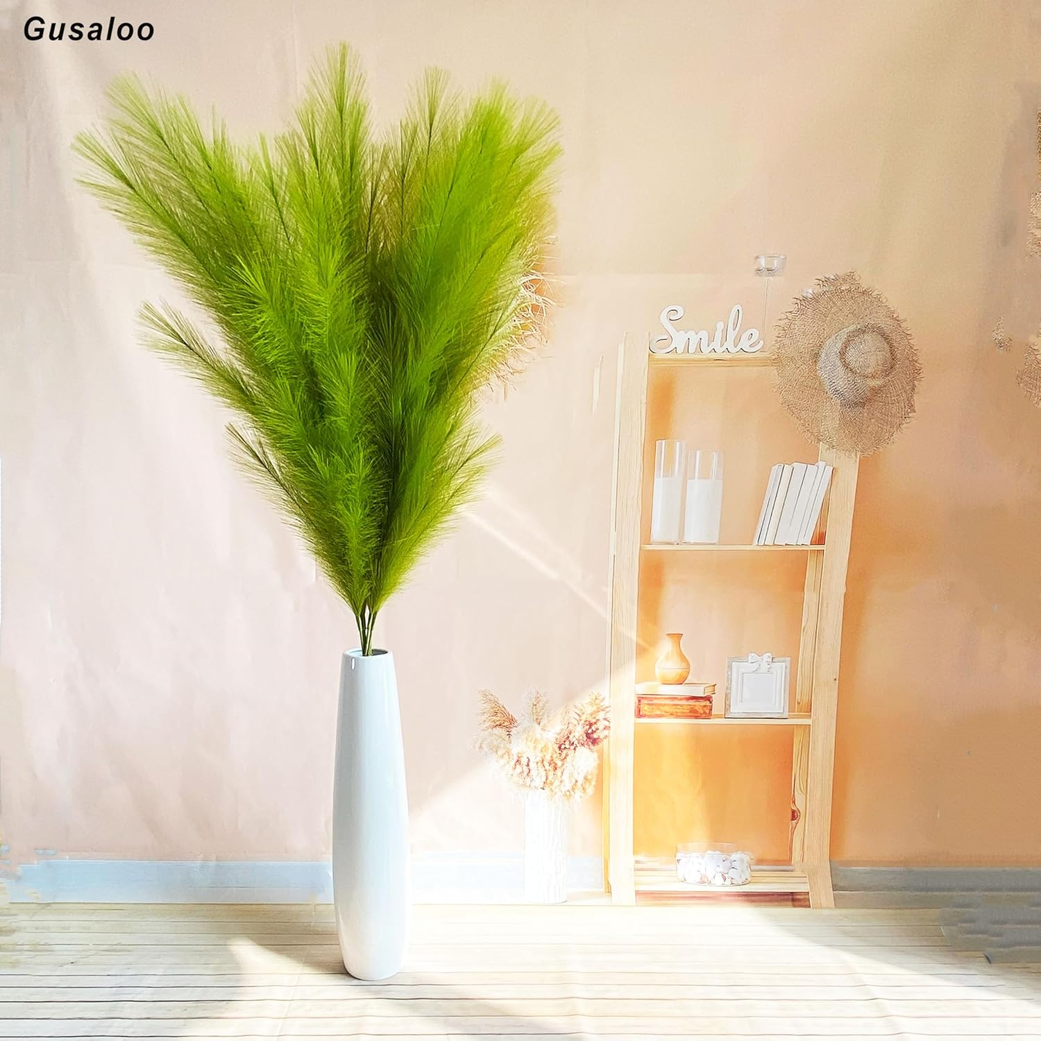 6 Pcs Artificial Pampas Grass Large, 47"/121cm Fake Faux Artificial Pampas Grass Decor Tall Stems Fluffy Pompous Pompass Branch Floor Vase Filler for Home Decor Boho Decor Wedding Grass Green