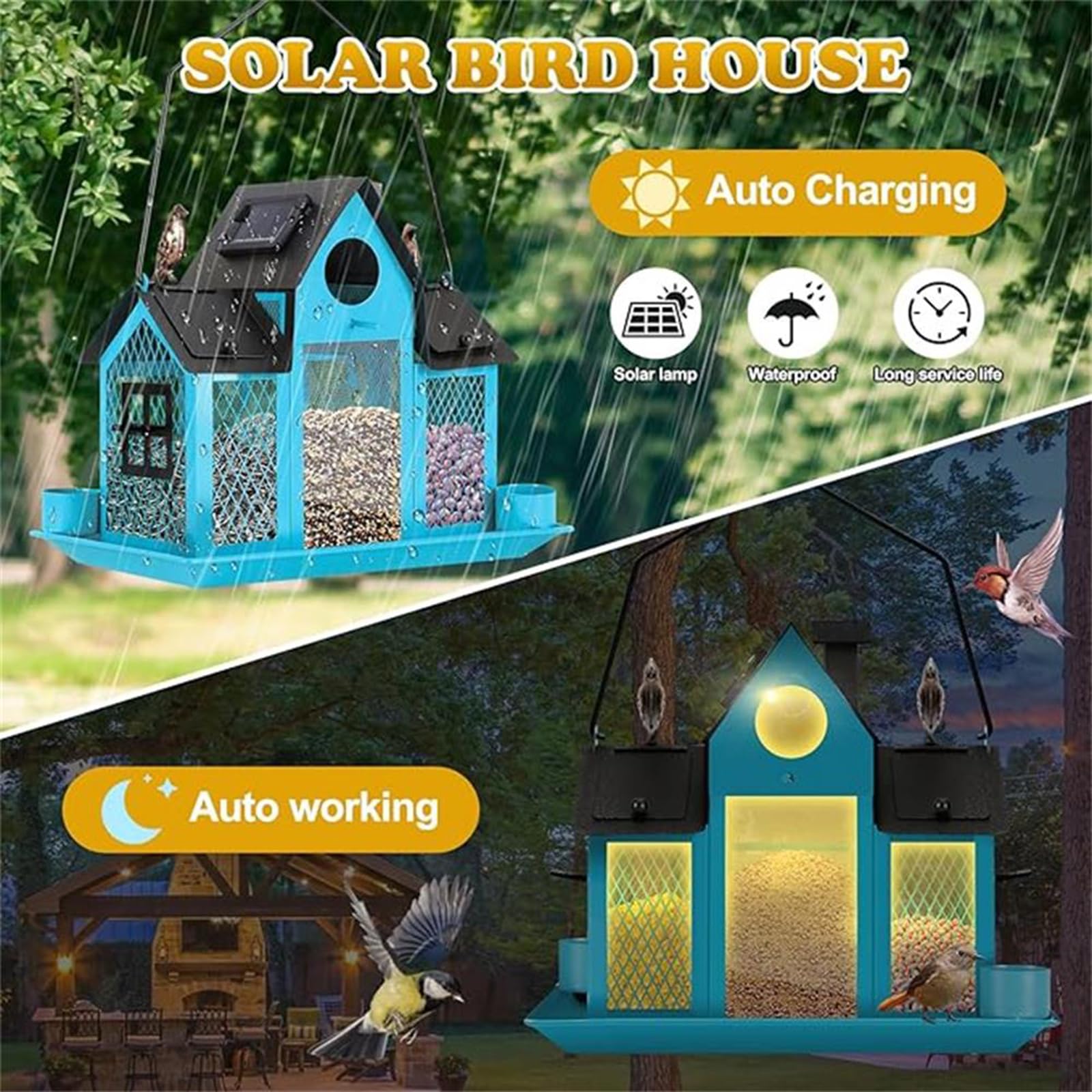 Comedero para pájaros de gran capacidad para exteriores con doble jaula de sebo con energía solar, comedero para pájaros silvestres para atraer a varios pájaros