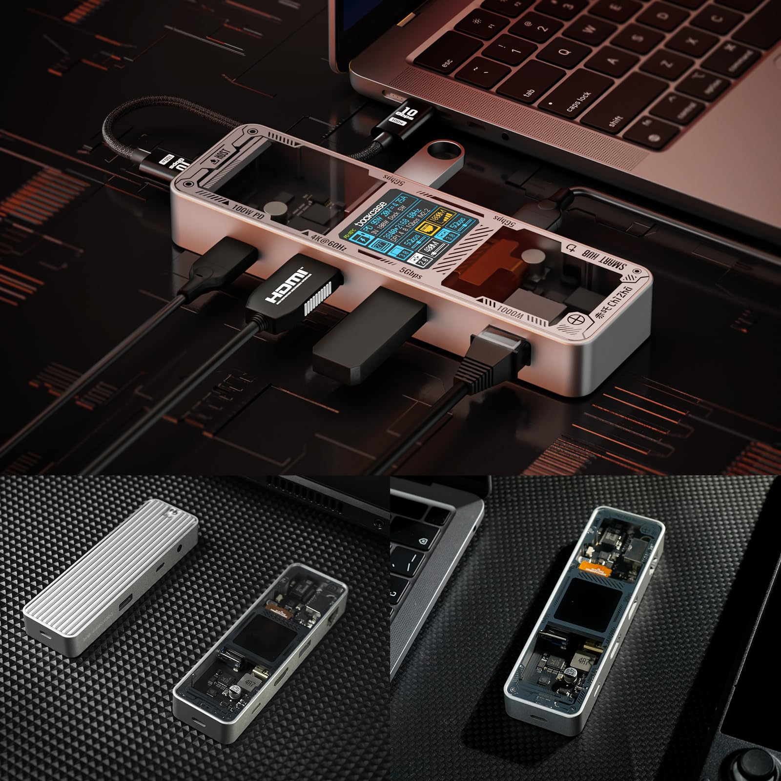DOCKCASE Smart Hub USB C 6 en 1 Édition Explorer - Station d'Accueil HDMI 4k@60hz, PD 3.0 100w, Gigabit Ethernet, 2 USB-A 5 Gbps - Pour MacBook Air/Pro, XPS, etc - Argent