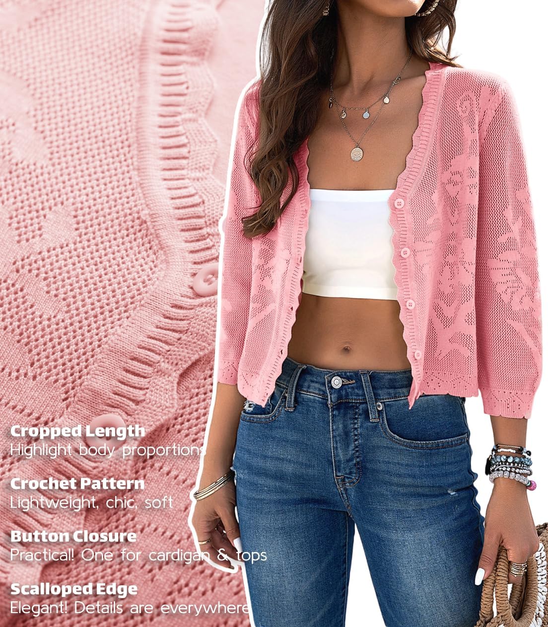 Kate Kasin Women's Cropped Cardigan Sweaters Trendy Lightweight 3/4 Sleeve Button Down Crochet Textured Shrugs Top - Image 2