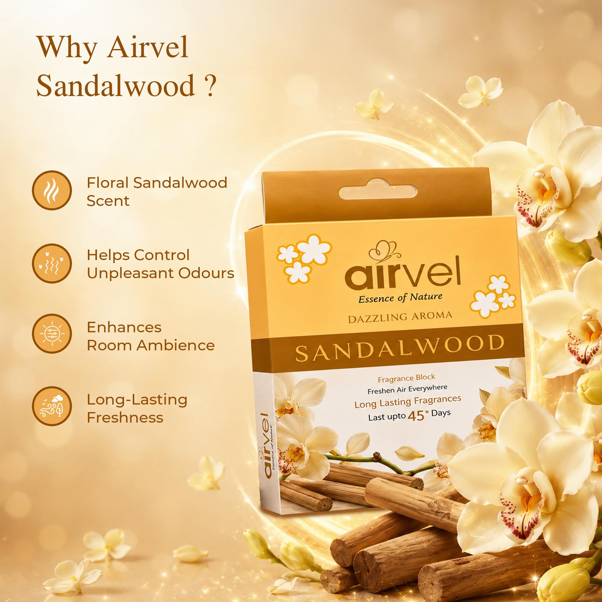 Airvel Air Freshener Blocks for Bathroom & Home | Long Lasting Jasmine, Rose, Lavender & Sandalwood Fragrance | Odor Neutralizer for Cupboard & Small Spaces | 75 g Each Pack Of 4