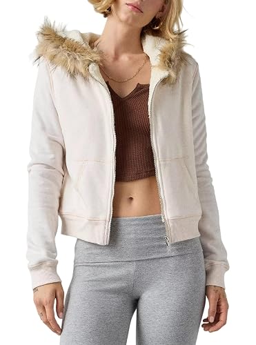 UAURORAO Women Fur Trim Jacket Y2k Knitted Zip Up Hoodie Sweatshirt Fuzzy Faux Vintage Coat Sweater Streetwear - Furry White - Medium