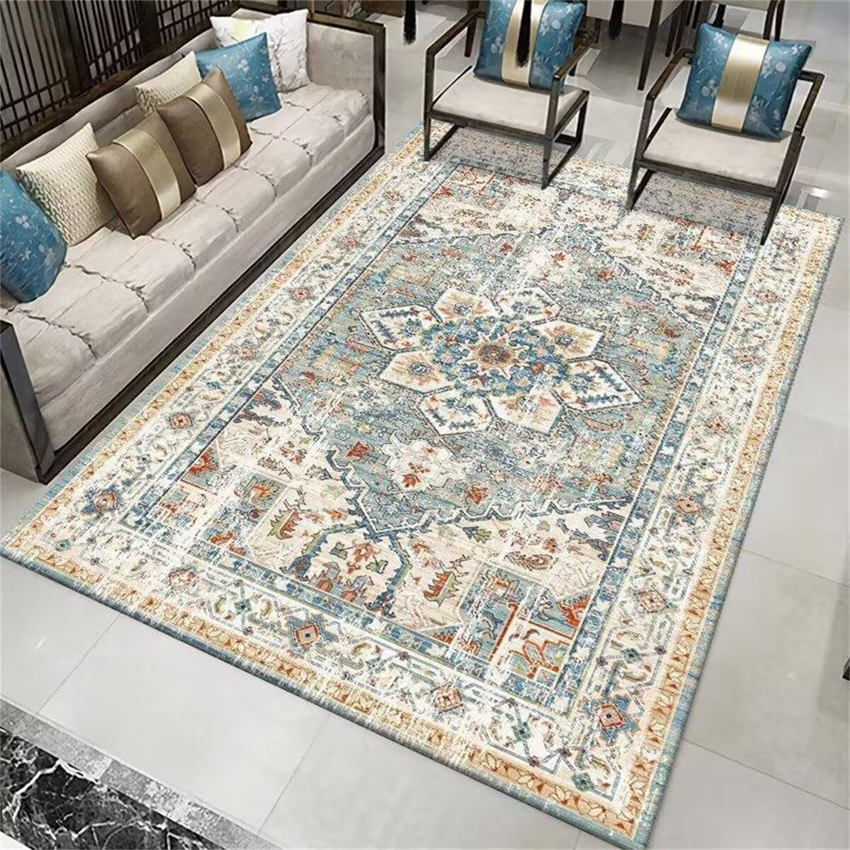Tapis entretien facile antidérapant bleu pour salon moderne