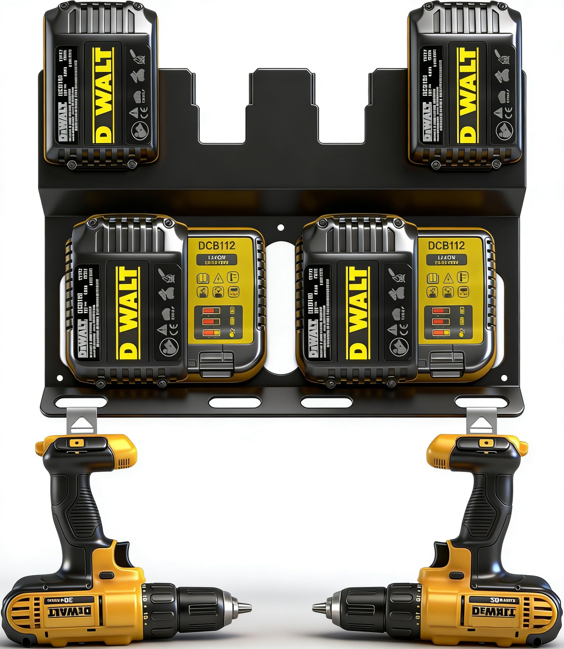 3-in-1 Battery Charger Wall Mount Holder for Dewalt 4 x 20V or 18V Battery and 2 x DCB112 or DCB115 Charger, Battery Charger Hanger/Storage/Rack/Organizer for Garage/Utility Cart/Van