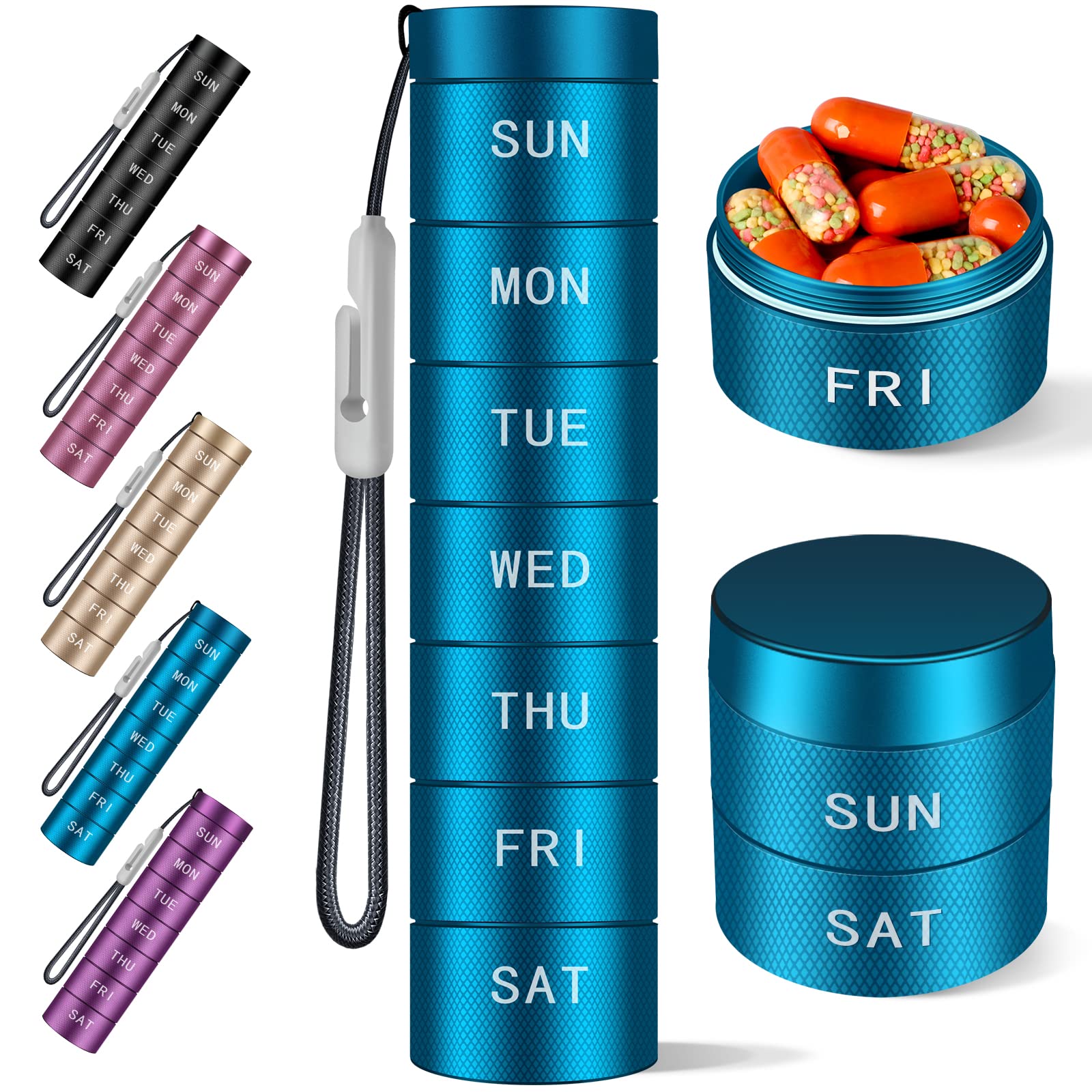 Travel Pill Organizer,Weekly Waterproof Metal Pill Case,Pill Holder, Moisture Proof Daily Pill Box 7 Day,Large Pill Container to Hold Vitamins,Medication, Fish Oil,Supplements 【Blue Knurling】
