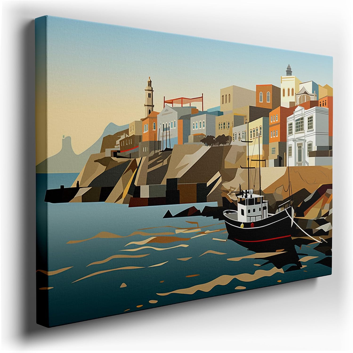 Canvas for Living room. Mediterranean Serenity Captured in a Greek Village Seascape, 27 x 18 inch Canvas Wall Art - Contemporary Masterpieces - Modern Home Decor - 69x46 cm (27x18 inch)