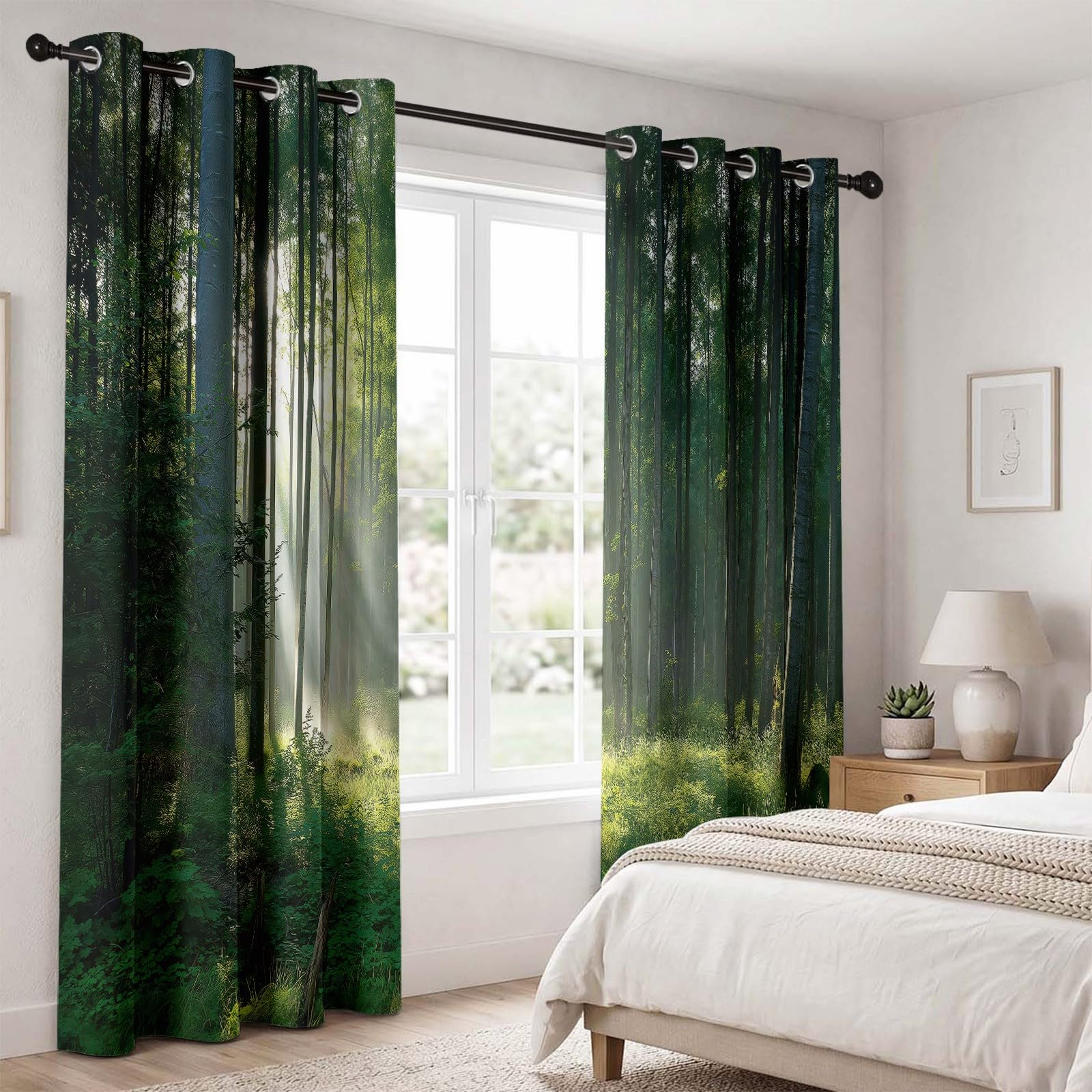 Natur Landschaft Blickdicht Vorhänge mit ösen, Wald Wiese Fotografie Muster Thermo Verdunklungsvorhänge, Grün Gardinen für Wohnzimmer Schlafzimmer Fenster Deko 2er Set, 175x140 cm (HxB)