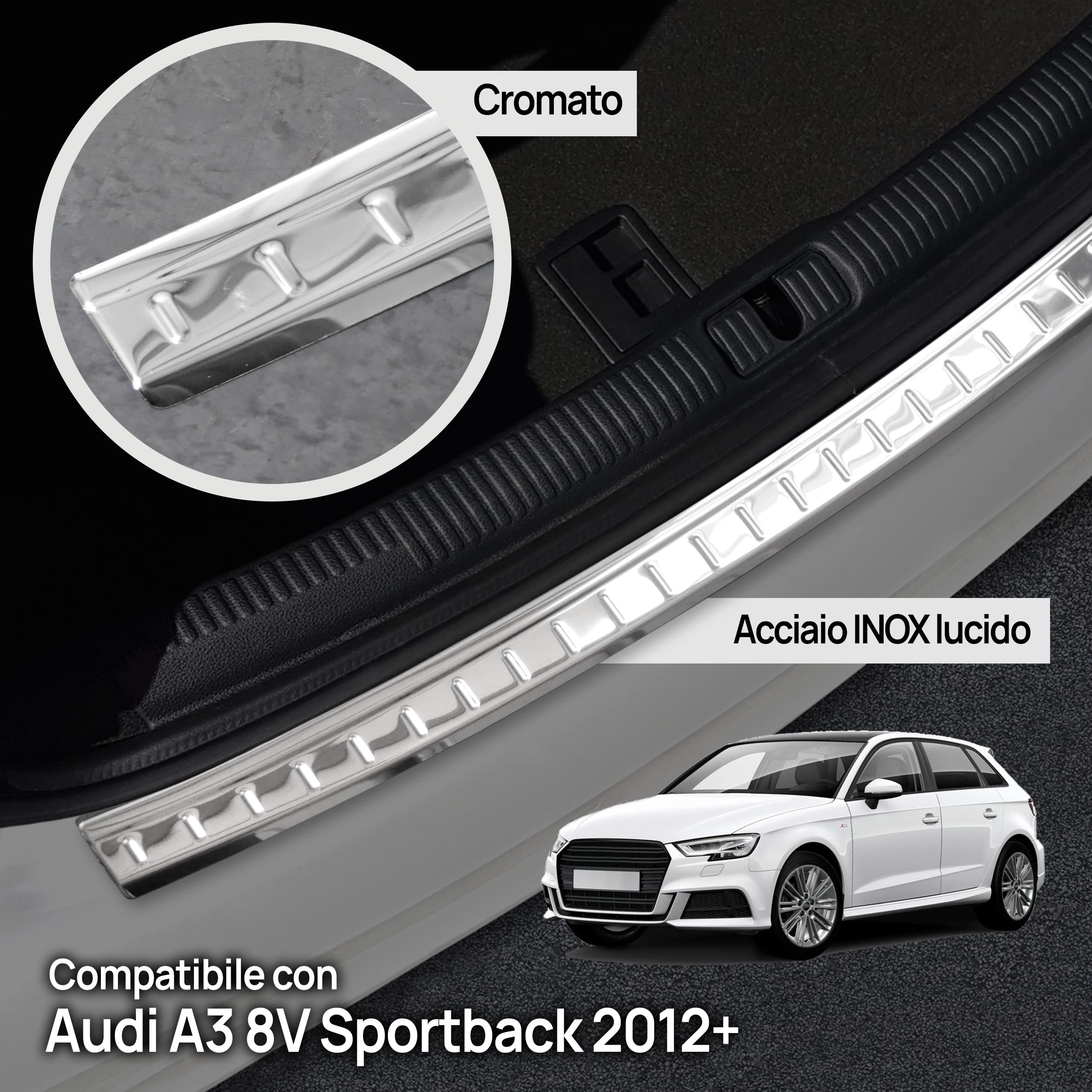 Chromemaster | Protezione paraurti Posteriore | Compatibile con Audi A3 8V Sportback 2012-2020 | Acciaio INOX lucido/cromato | Protezione paraurti protegge la vernice del paraurti dai graffi