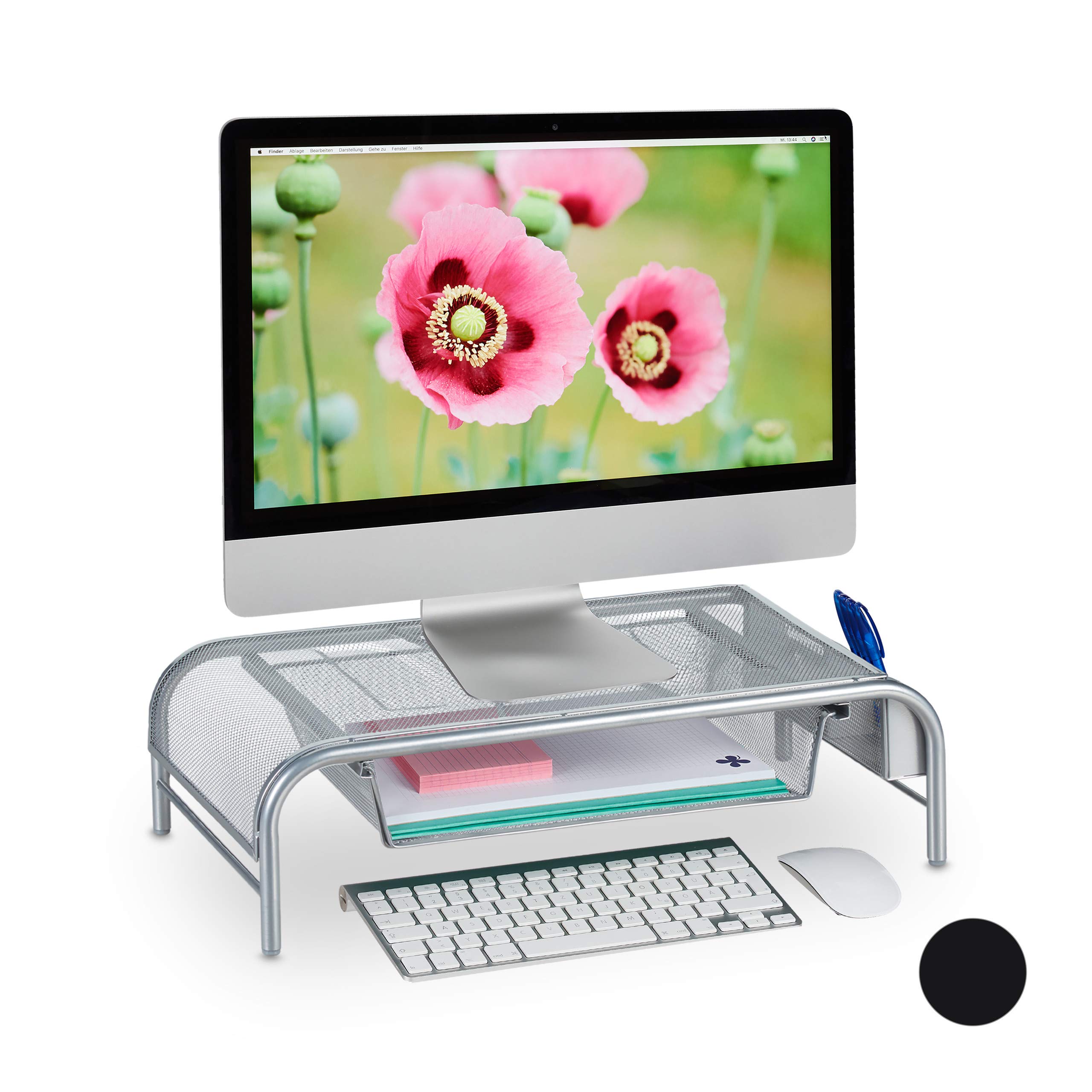 Relaxdays Display Stand, Drawer, 2 Side Compartments, Screen Mount HxWxD: 15 x 51 x 29.5 cm, Silver, Steel