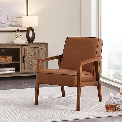 Miniatura 3 de Yaheetech Silla decorativa de piel sintética silla de barril moderna de mediados de siglo con marco de madera y acolchado suave y grueso para sala