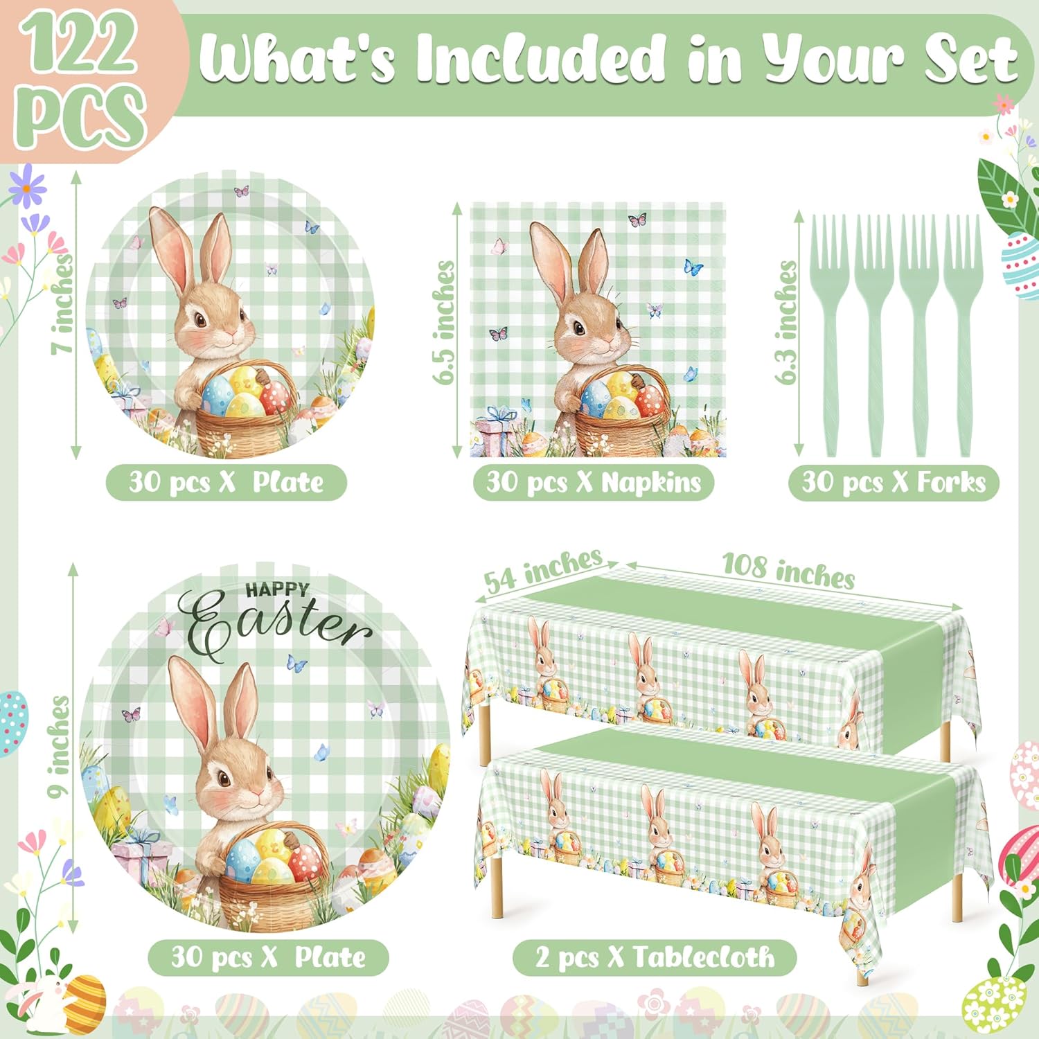 122 Pcs Easter Plates and Napkins Set, Disposable Bunny Eggs Dinnerware Easter Decorations, Sage Green Paper Plates, Napkins, Fork and Tablecloth for Spring Celebrations Party Favors, Serve 30 Guests