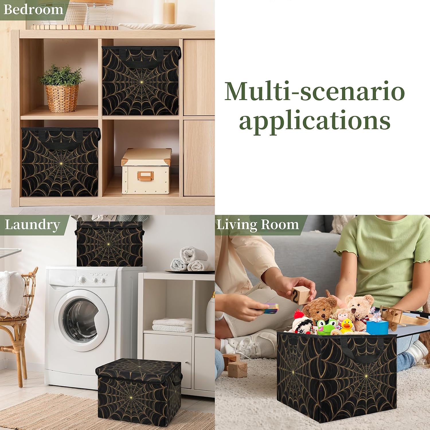 Closet Storage Bins with Lids, Gothic-style Spiders Web Storage Baskets for Organizing, Large Cube Box Closet Organizers with Handles, Home Office Decorative Wardrobe Boxes for Organization (27 Quart)