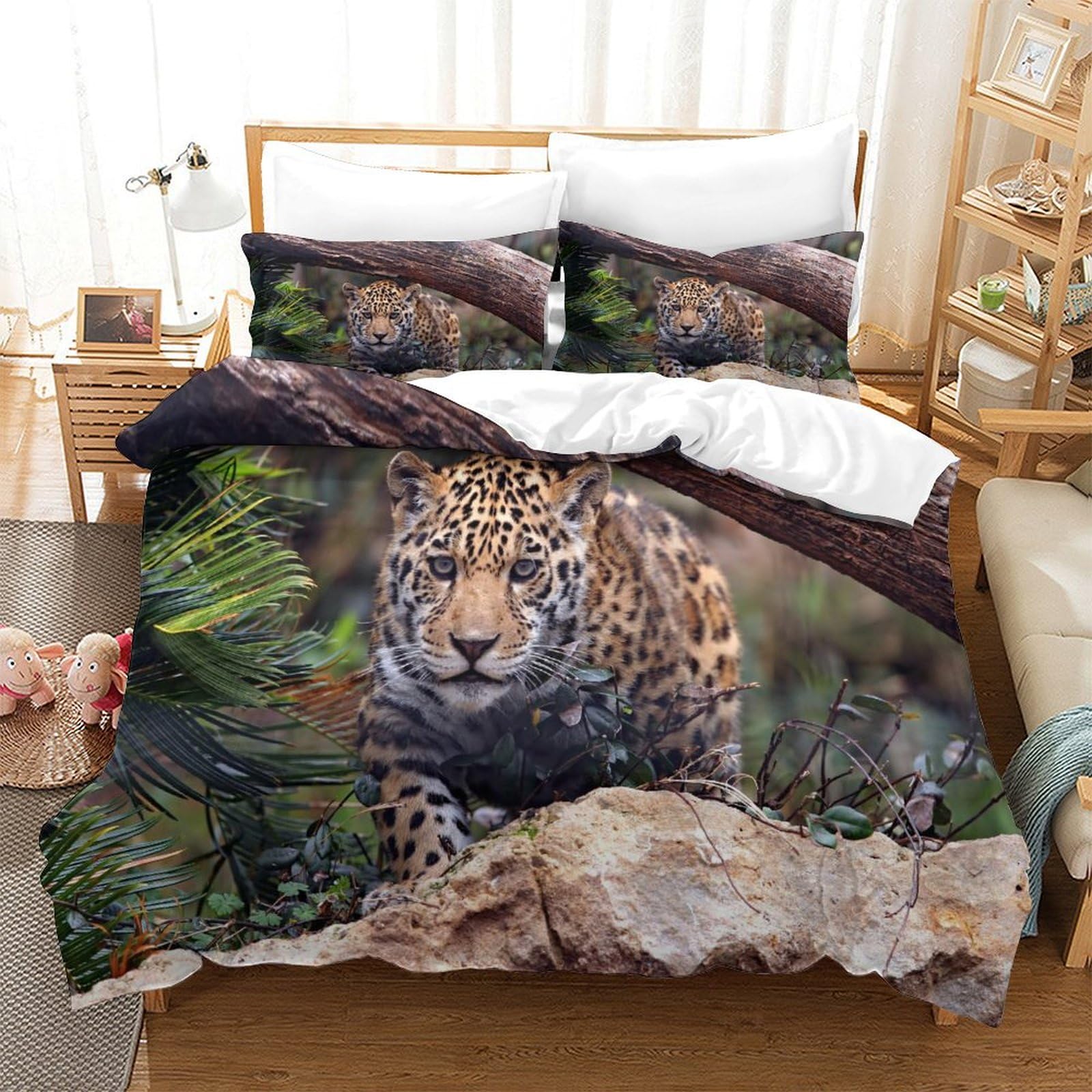 P1s9u7w5y Jaguar Wild Jungle 3D Printed Leopard Duvet Cover Set 3Pcs Soft Microfiber Animal Bedding Set Double（200X200cm）