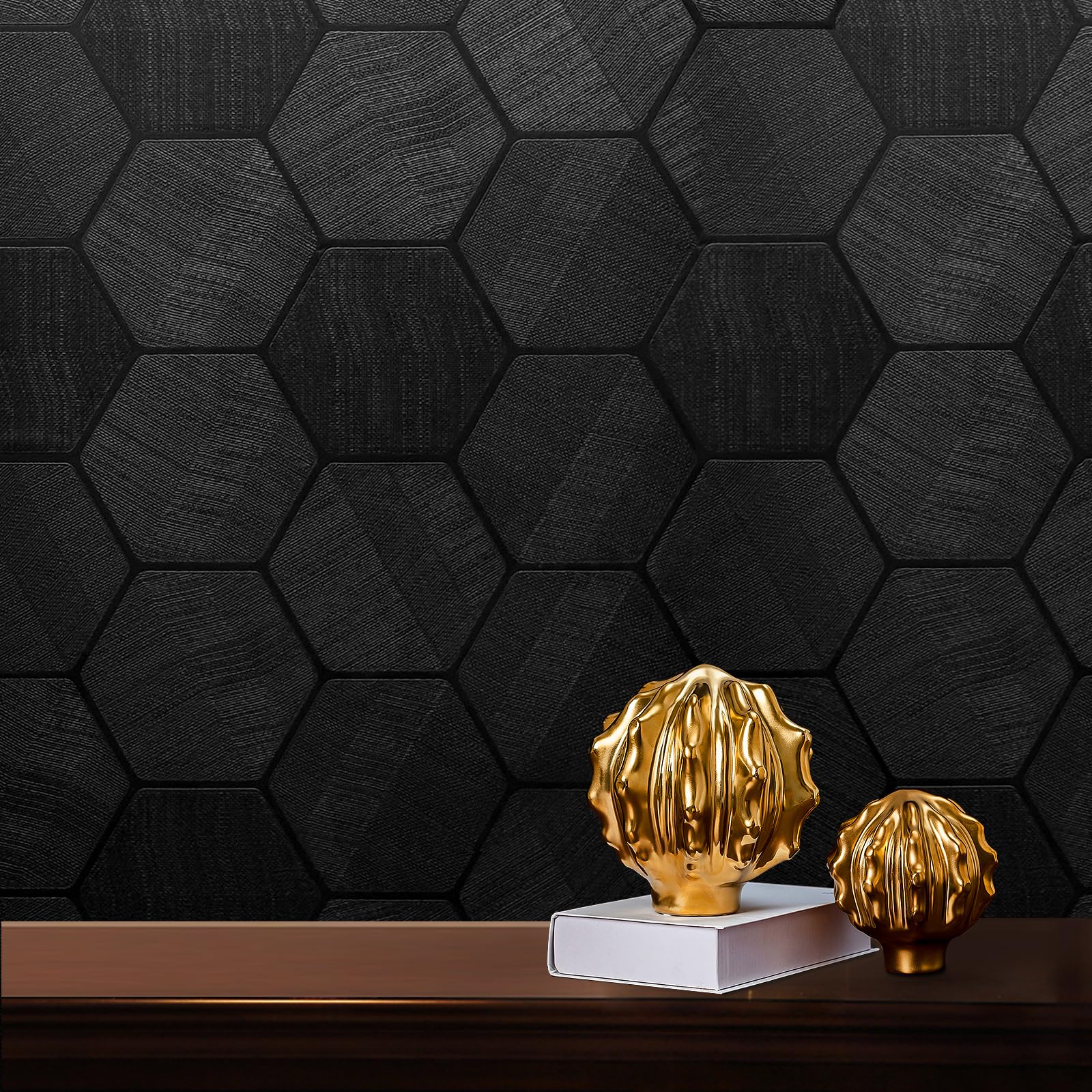 Cismmy Black Peel and Stick Wallpaper Self Adhesive 3D Hexagon Geometric Embossed Contact Paper Removable Easy Peel Off Textured Wallpaper for Cabinet