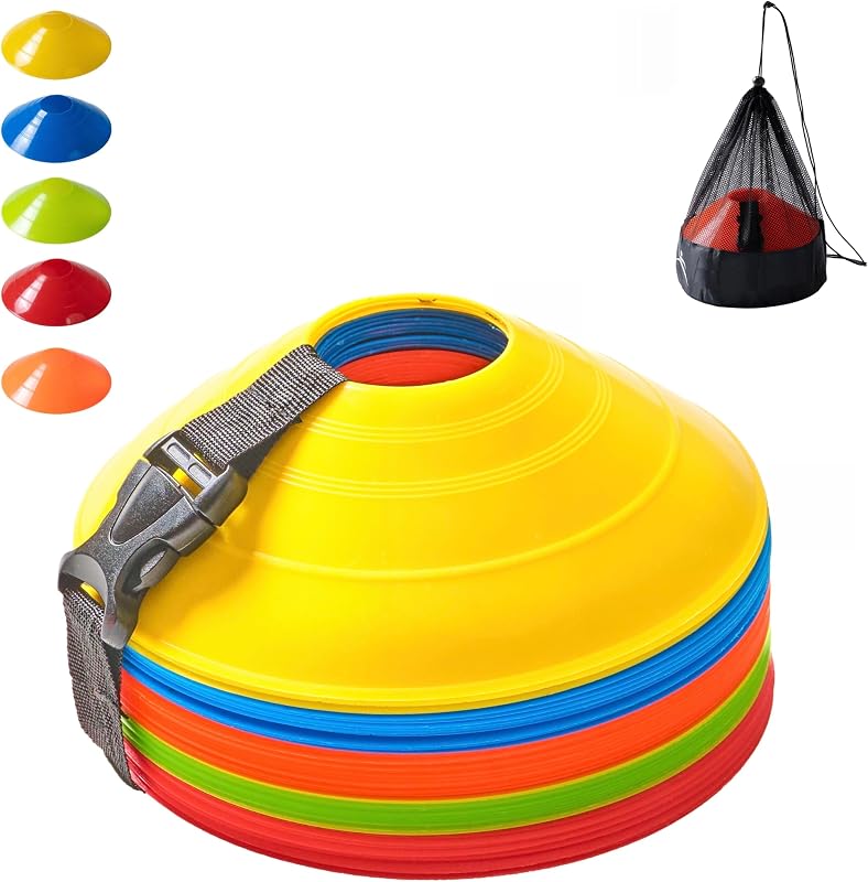 Conos de fútbol flexibles (juego de 60/50/40/25) con bolsa de malla y correa, conos deportivos para fútbol, ​​baloncesto, equipo de entrenamiento de fútbol, ​​conos de fútbol de agilidad para entrenamiento de ejercicios