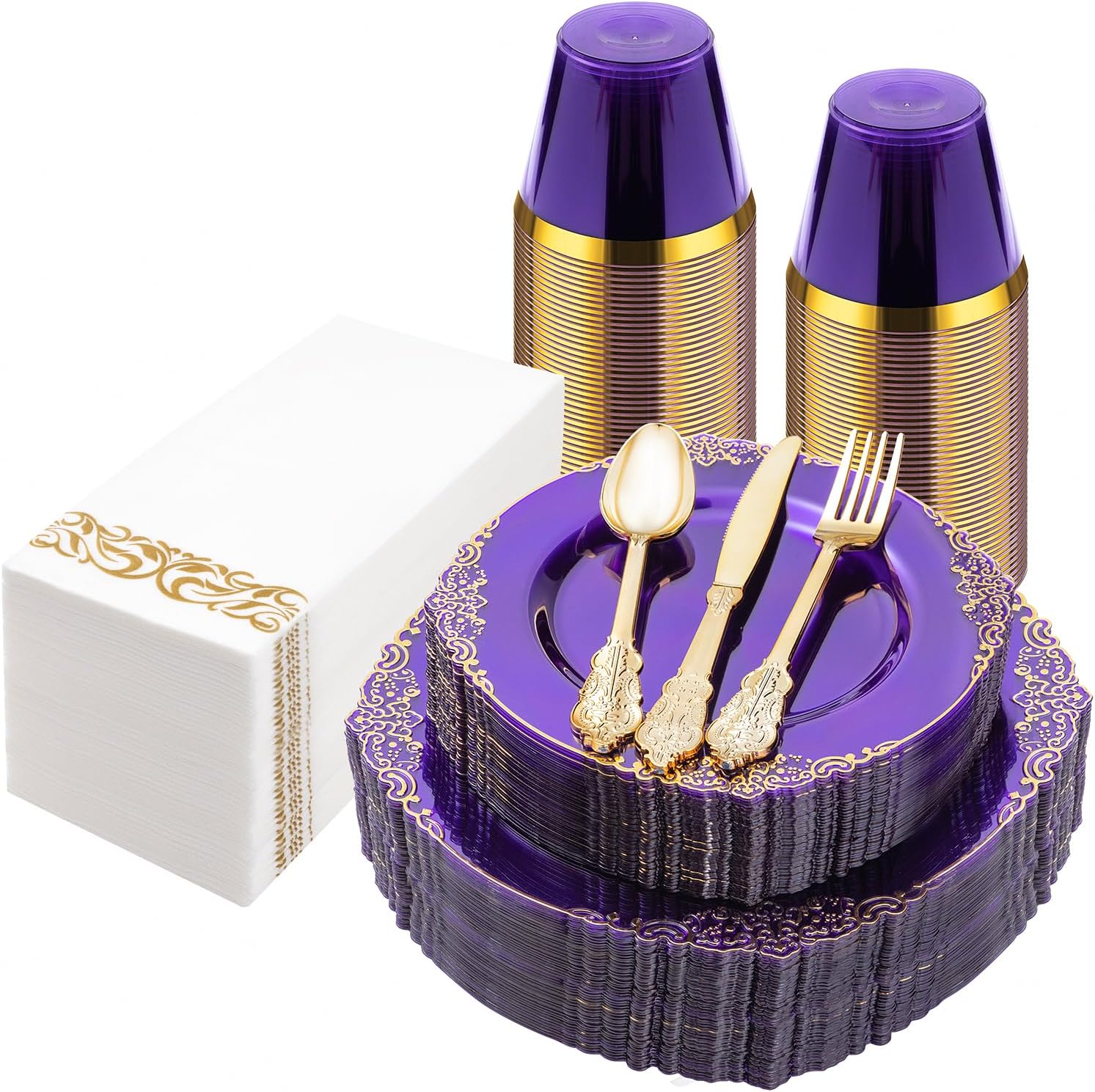 175PCS Clear Purple Plastic Plates for 25 Guests, Disposable Plates with Gold Trim include 25 Dinner Plates, 25 Dessert Plates, 75 Gold Silverware, 25 Cups, 25 Napkins for Party, Wedding