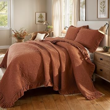 Brandream Quilt Set Full Size Cotton Solid Burnt Orange Vintage Quilted Comforter Set Farmhouse Quilts Ruffle Bedspreads 3-Piece
