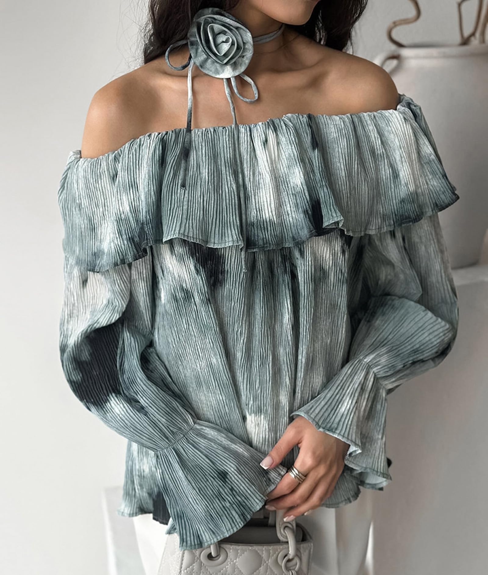 Damskie seksowne topy z odkrytymi ramionami Tie-Dye 3D Kwiaty z długim rękawem Falbana Wiosna Jesień Koszula Bluzka