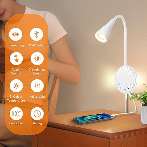 Miniatura 7 de Lámpara LED de Pared Montada para Lectura, Luz de Libro para Leer en la Cama con Control Táctil, 5 Niveles de Atenuación, Salida USB, Función de Luz