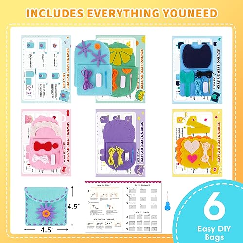 Miniatura 2 de Flying Childhood Kit de costura de fieltro suave para niños, coser mis primeros bolsos, crea 6 proyectos simples y lindos de bolsas de costura de