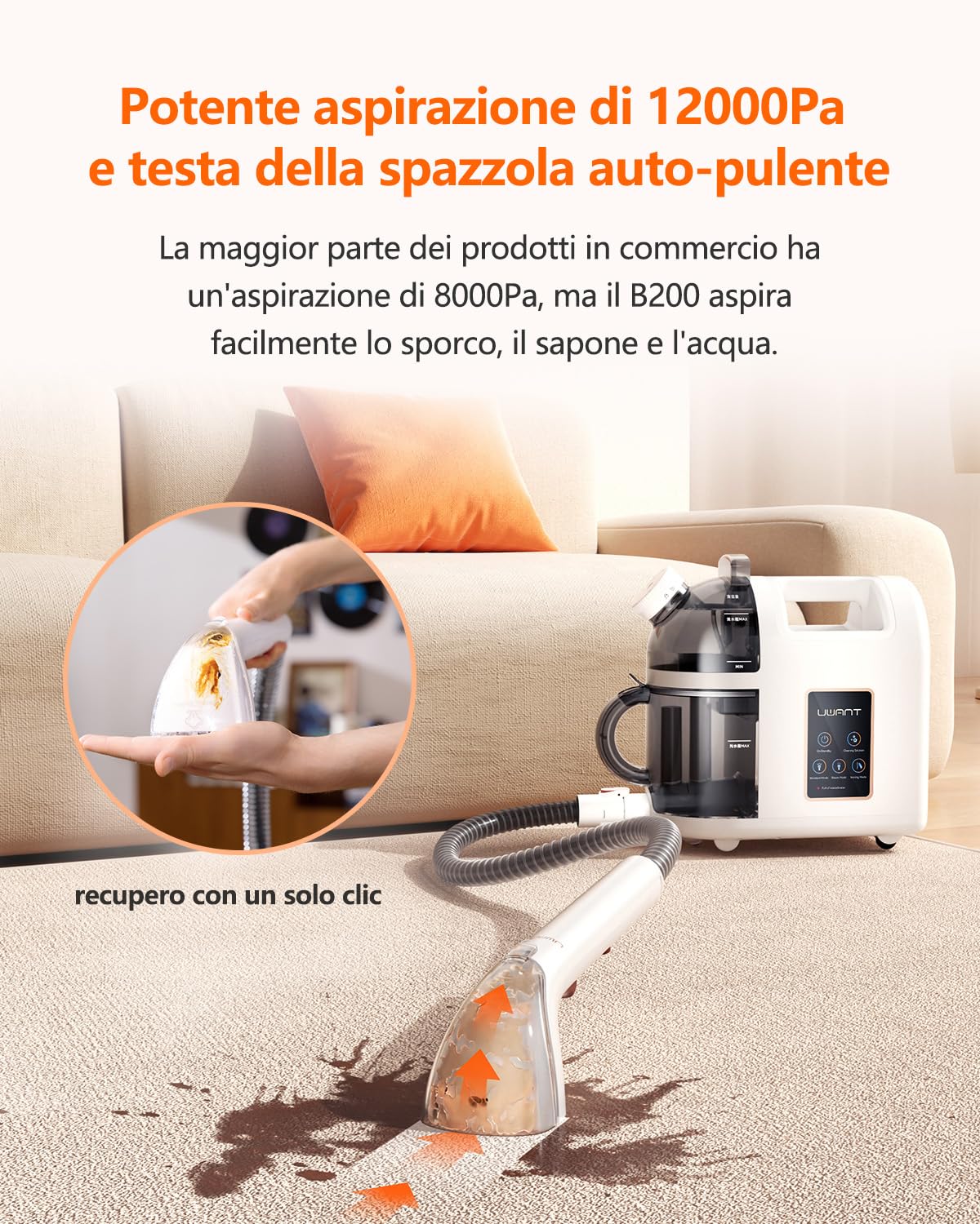 Uwant B200, Lavatappeti, Pulisci divani a vapore, 1900 W, Per Tappeti, Divani, Tende e Abbigliamento | 74DB, 12000Pa