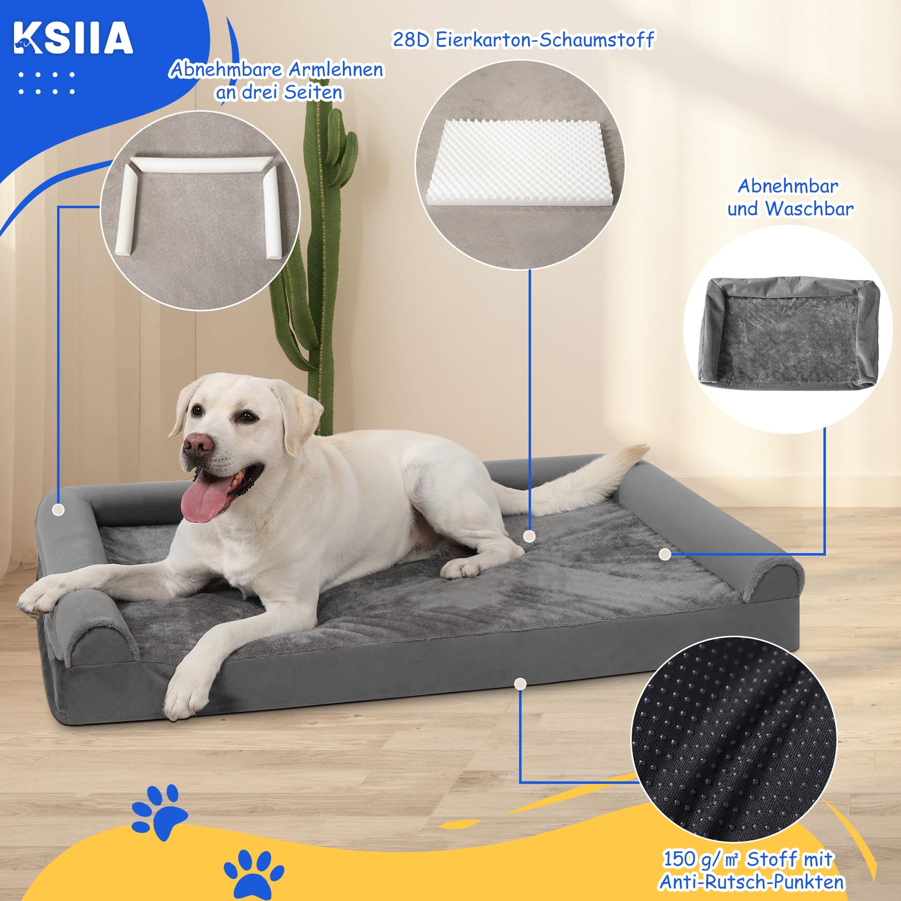 KSIIA Orthopädisches Hundebett Grosse Hunde XL Hundekorb, Grau 105x70x18cm