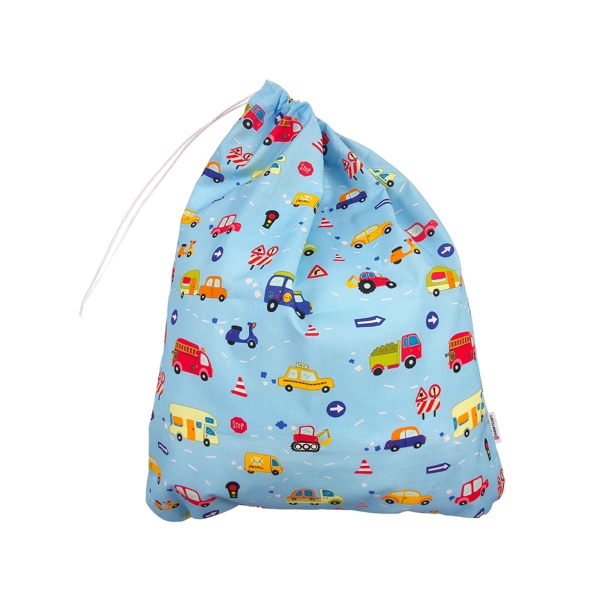 Panini Tessuti Ensemble de puériculture, Sac de Couchage et Pochette pour bébés de 2 à 6 Ans - Tissu matelassé 100% Coton - Made in Italy (Voitures Bleues Ensemble de puériculture)