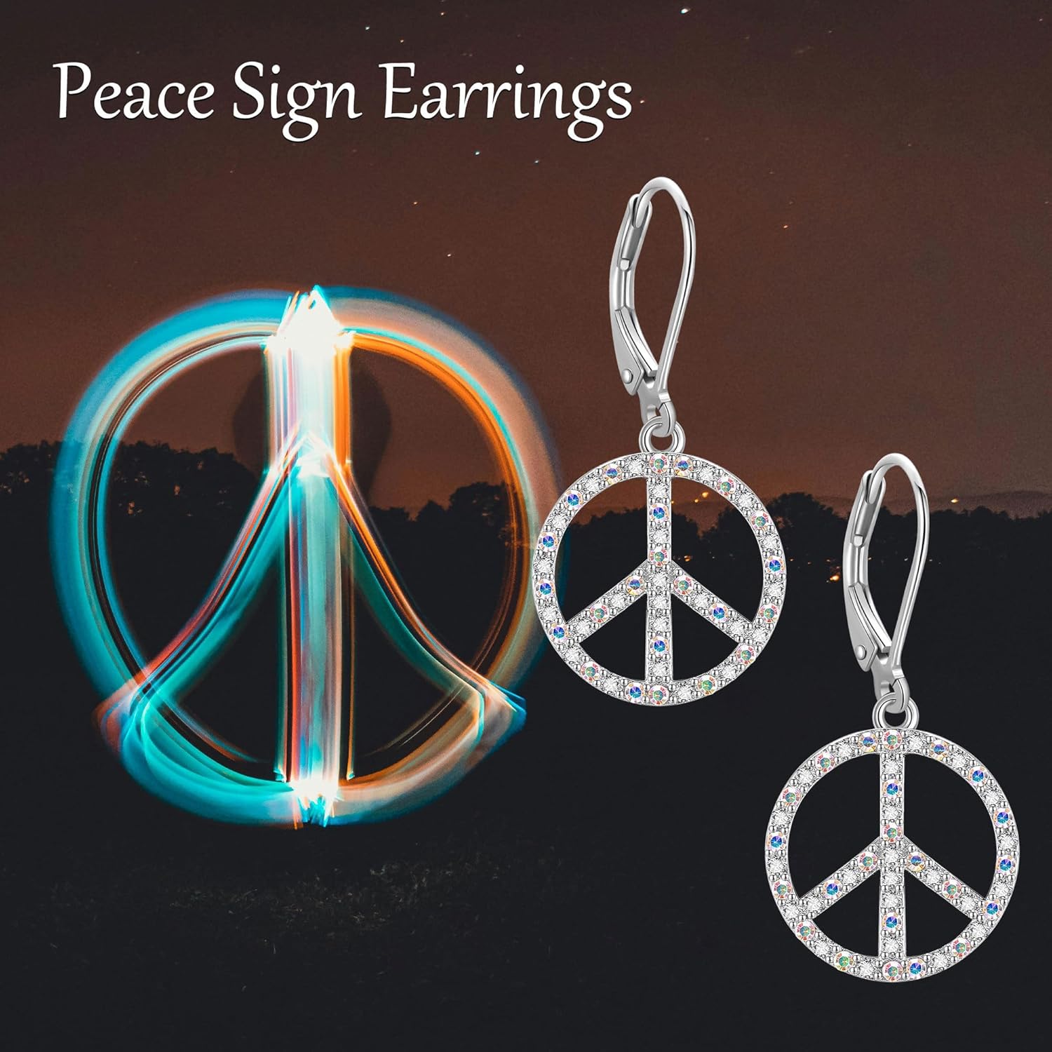 Peace Sign Earrings 925 Sterling Silver Colorful Rainstone Peace Sign Drop Earring for Women Hippie Accessories Jewelry for Women