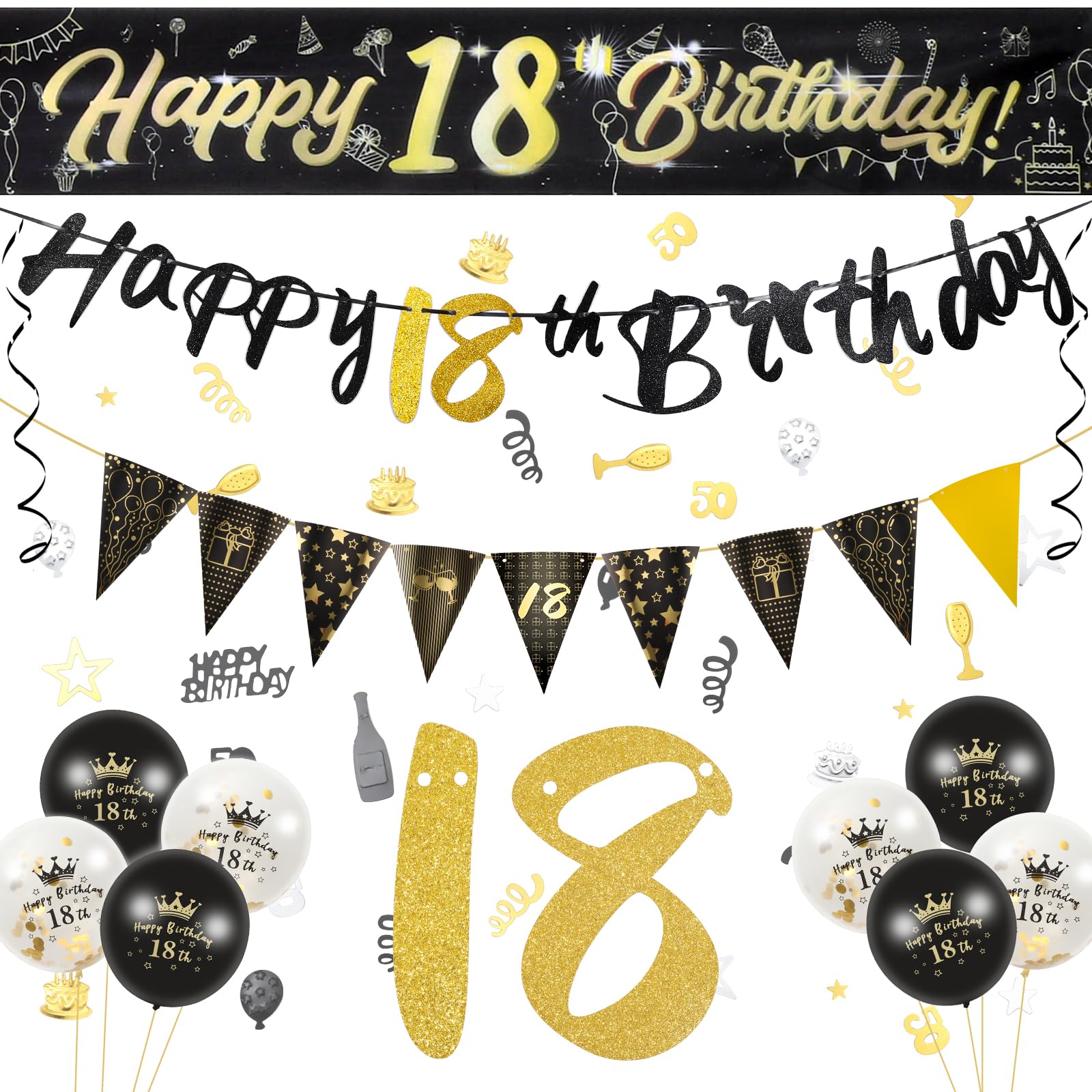 22Pcs 18Th Birthday Decorations Set, Black Gold Banners Balloons