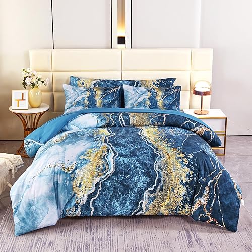 Miniatura 2 de PERFEMET Juego de edredón de 6 piezas tamaño Queen en una bolsa, juego de edredón azul y dorado, edredón de mármol acuarela con sábanas, suave,