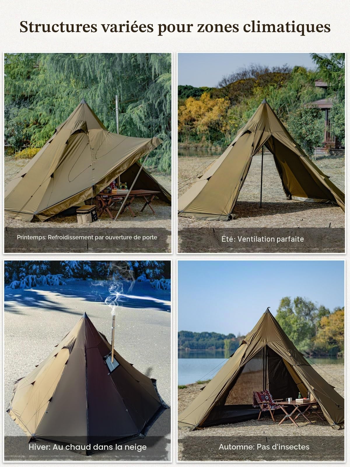 TOMOUNT Tipi Tente indienne en nylon pour 6 personnes Tente pyramidale avec trou de poêle pour poêle de tente 4 ans Tente de camping pour extérieur, camping, randonnée, trekking