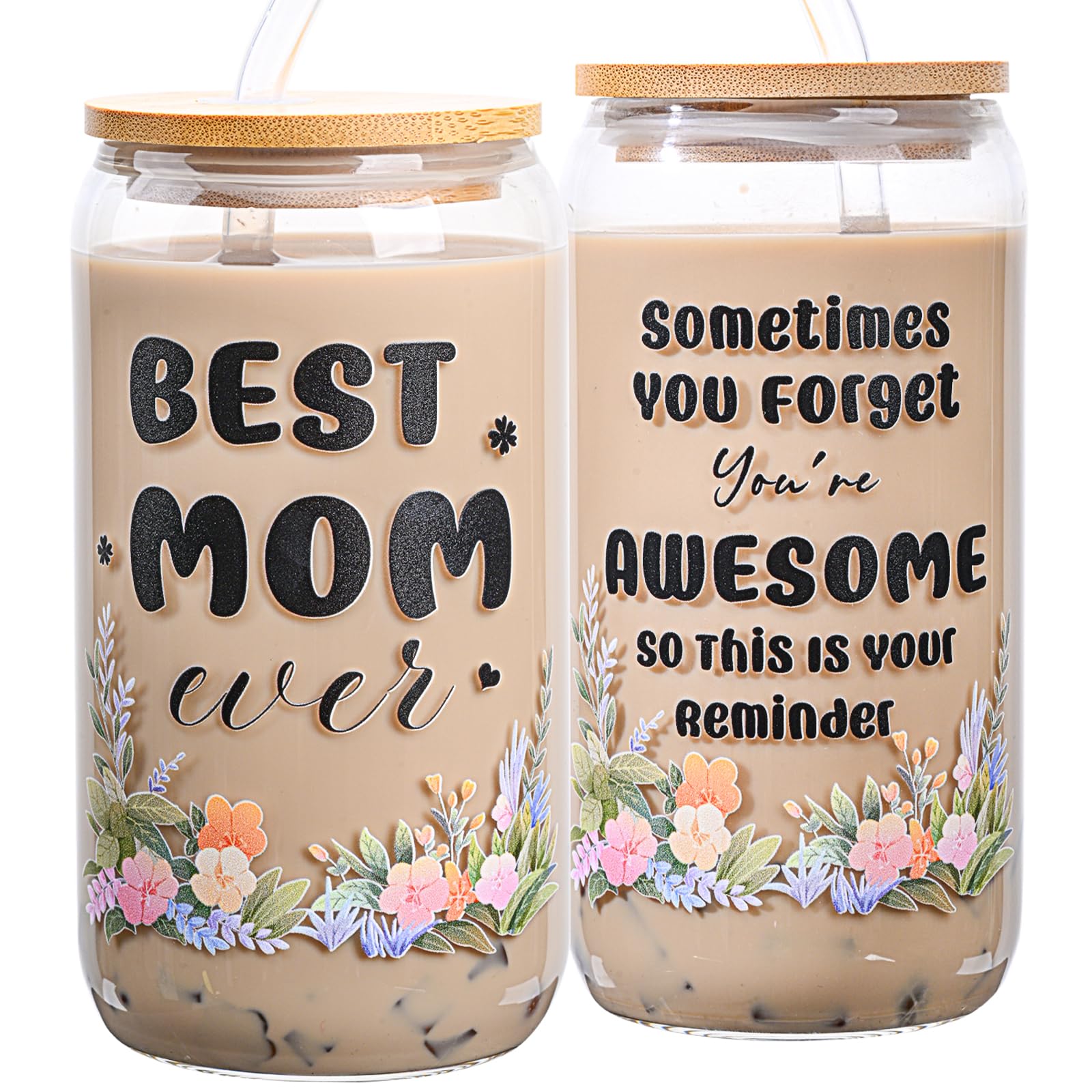 Gifts for Mom Mothers Day Birthday Christmas gifts for Mom from Daughter Son Unique Gift Ideas for Mama Mother Gift for New Moms Mothers Coffee Glass Cup Mug Jar 16 Oz