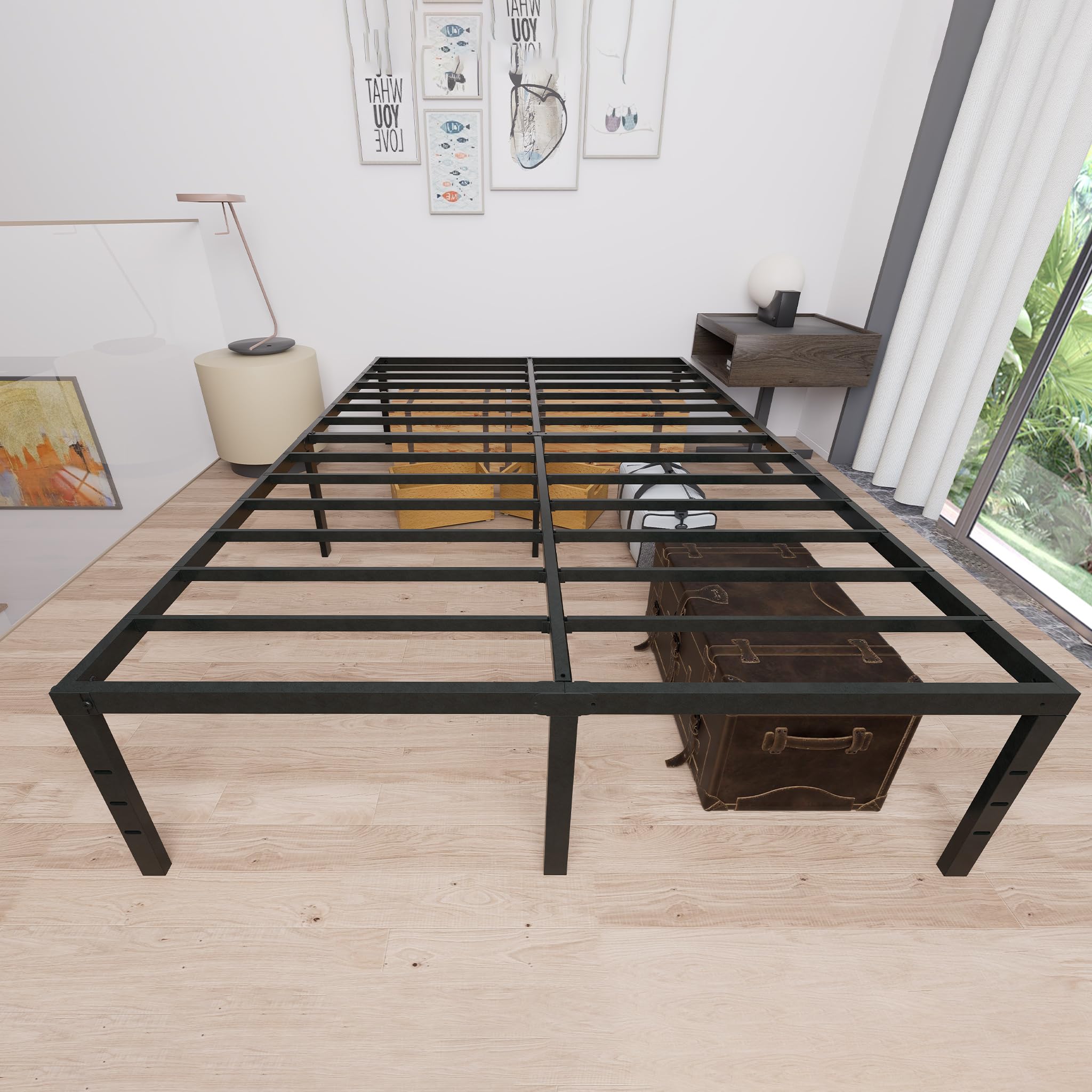 ACXIN Lit en métal, 160 x 200 cm, sans tête de lit, robuste, avec sommier à lattes, cadre en métal, noir, moderne, pour chambre à coucher, chambre d'amis, durable, stable et confortable